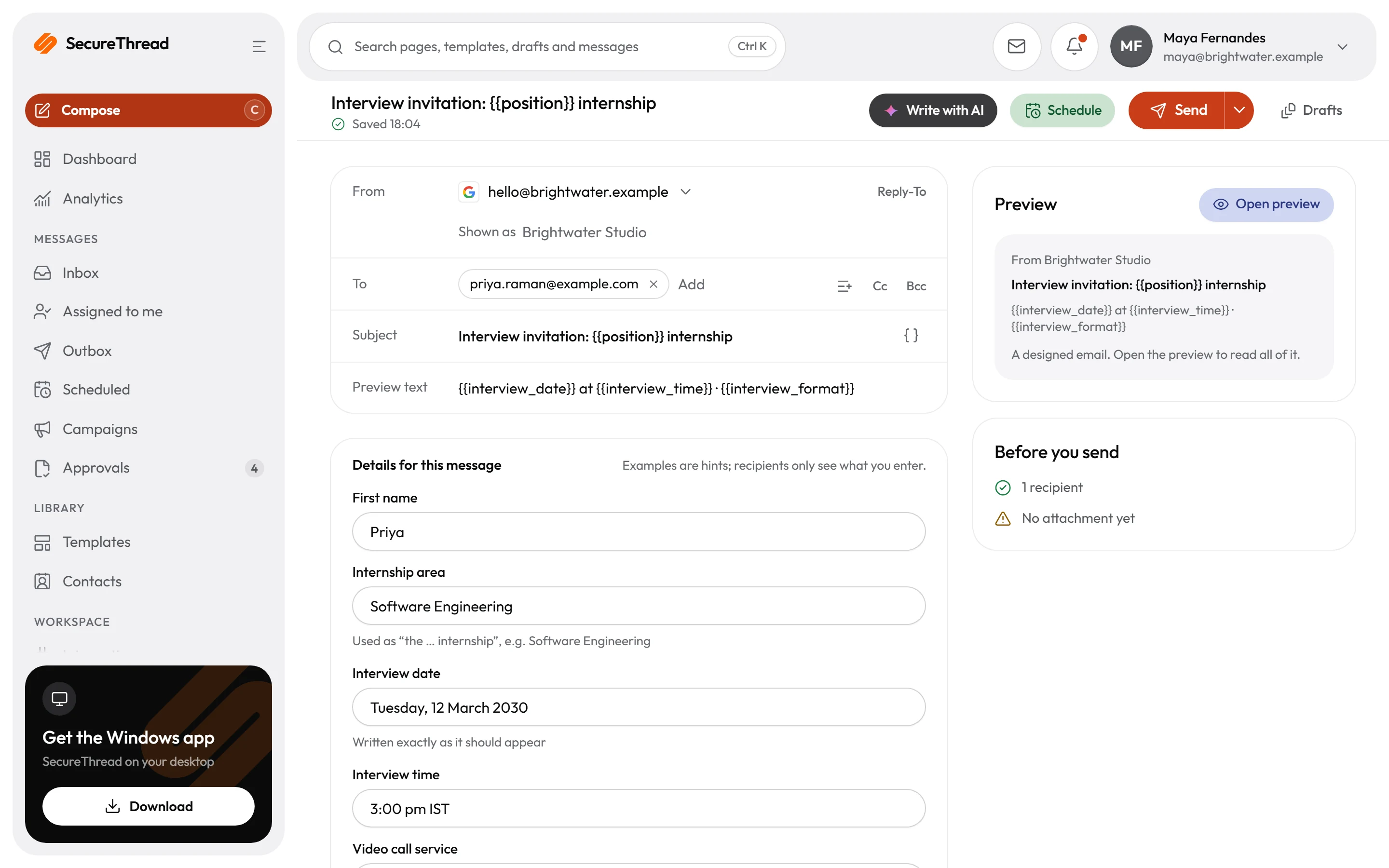 The composer: a message being written from a template, with a live desktop and phone preview
