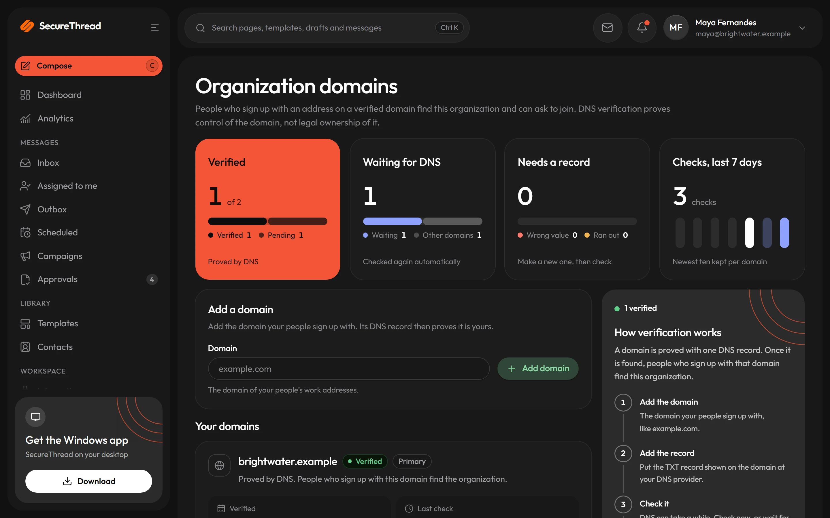 Organization domains: a domain proved by a DNS TXT record, with its checks and the steps to verify another