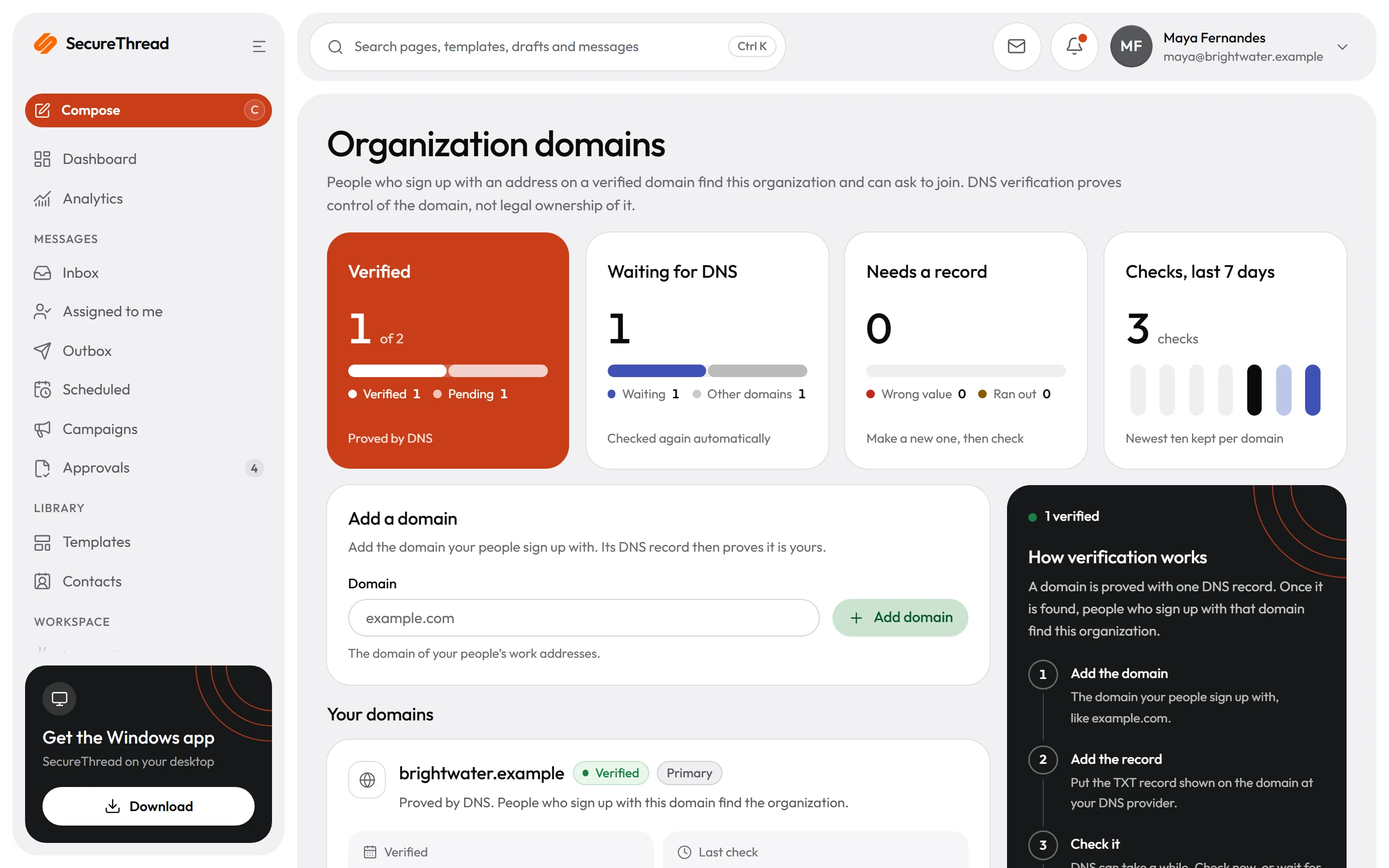 Organization domains: a domain proved by a DNS TXT record, with its checks and the steps to verify another