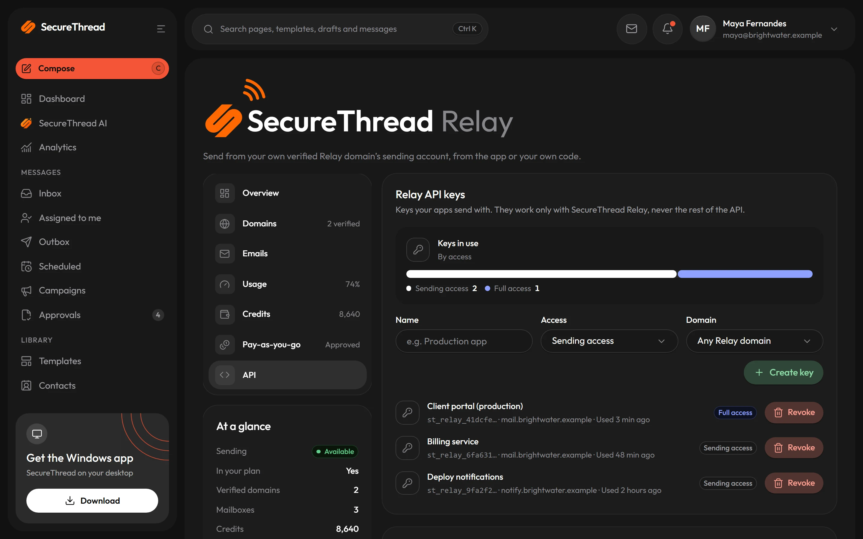 SecureThread Relay API: Relay API keys by access and domain, and the endpoint on relay.securethread.co
