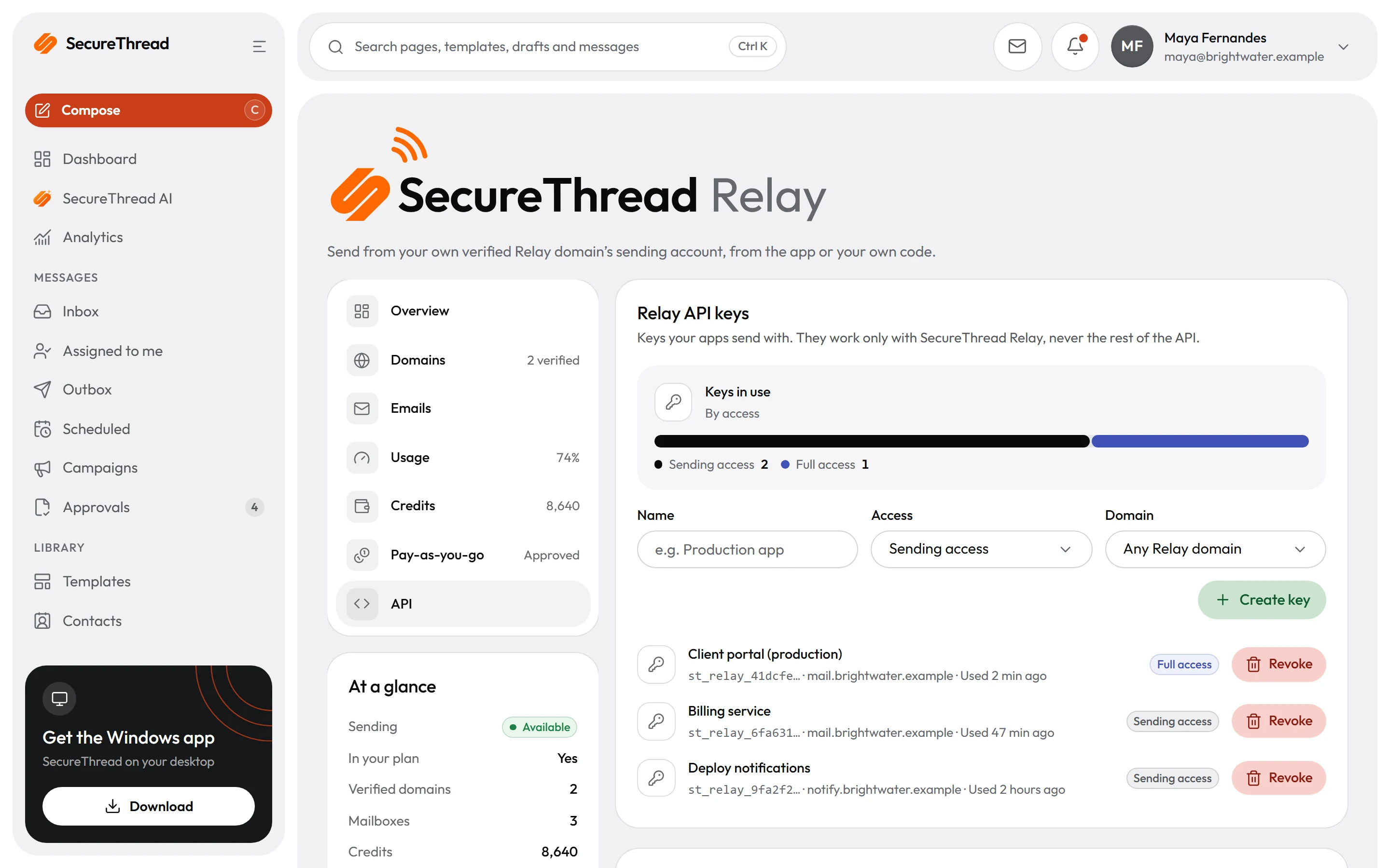 SecureThread Relay API: Relay API keys by access and domain, and the endpoint on relay.securethread.co