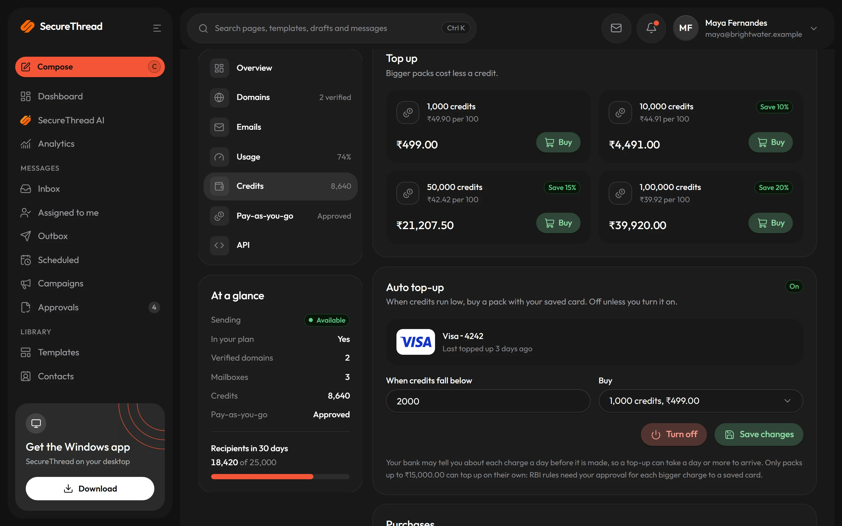 SecureThread Relay auto top-up: on, with a saved card, the threshold and the pack it buys when credits run low