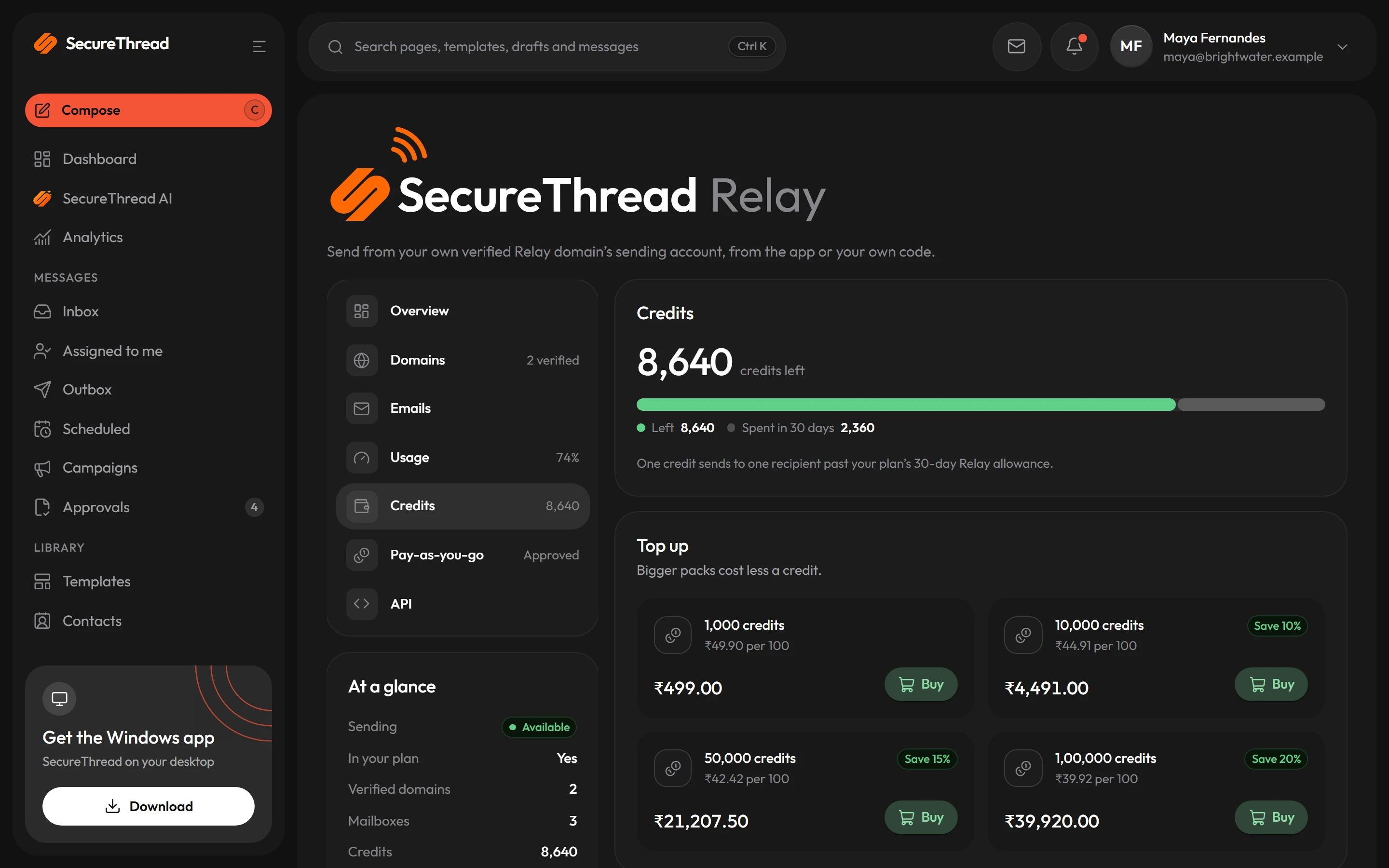 SecureThread Relay credits: the balance, the four credit packs with their savings, and Buy
