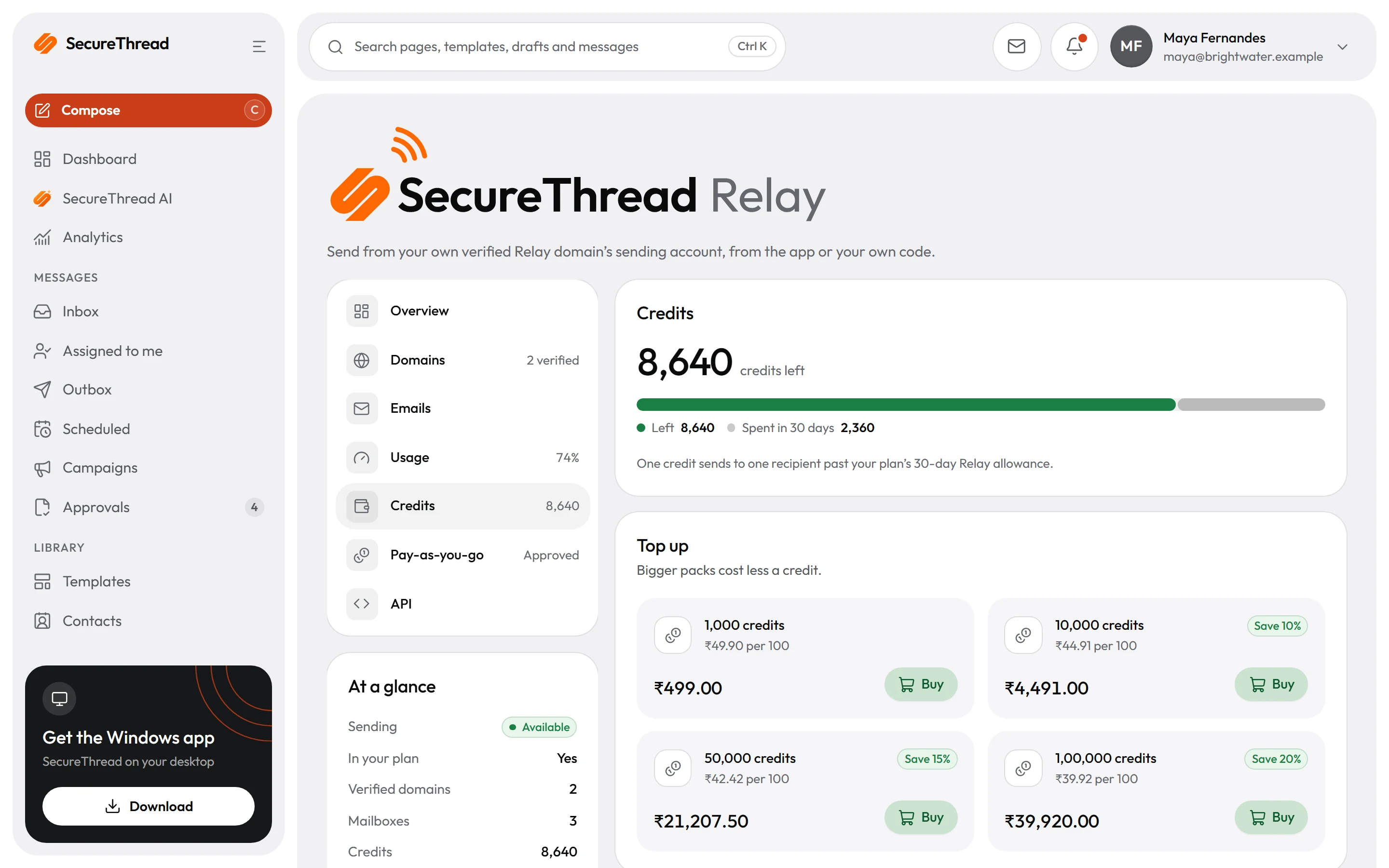 SecureThread Relay credits: the balance, the four credit packs with their savings, and Buy