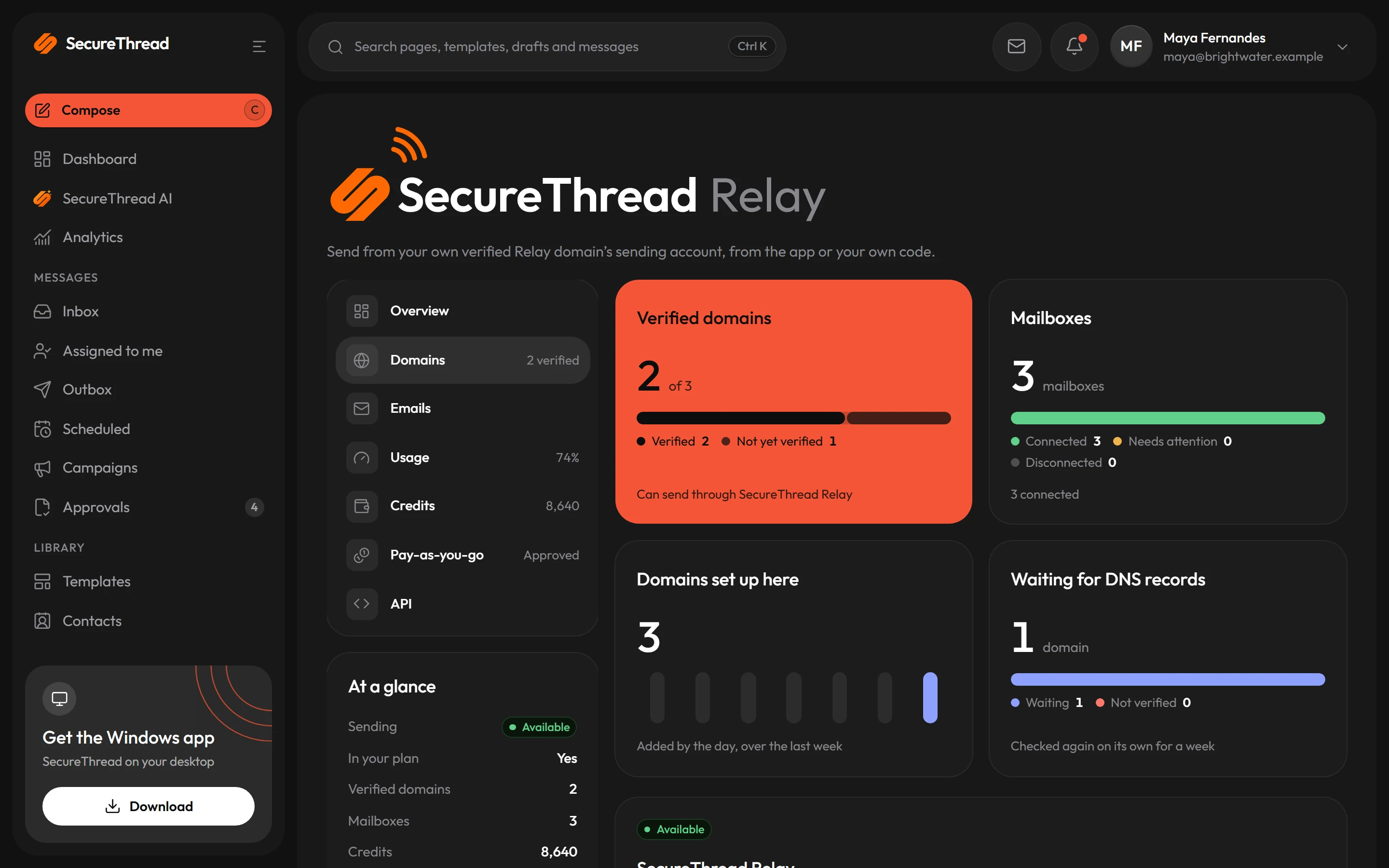 SecureThread Relay domains: verified sending domains, the three DKIM records to publish for one still waiting, and its mailboxes