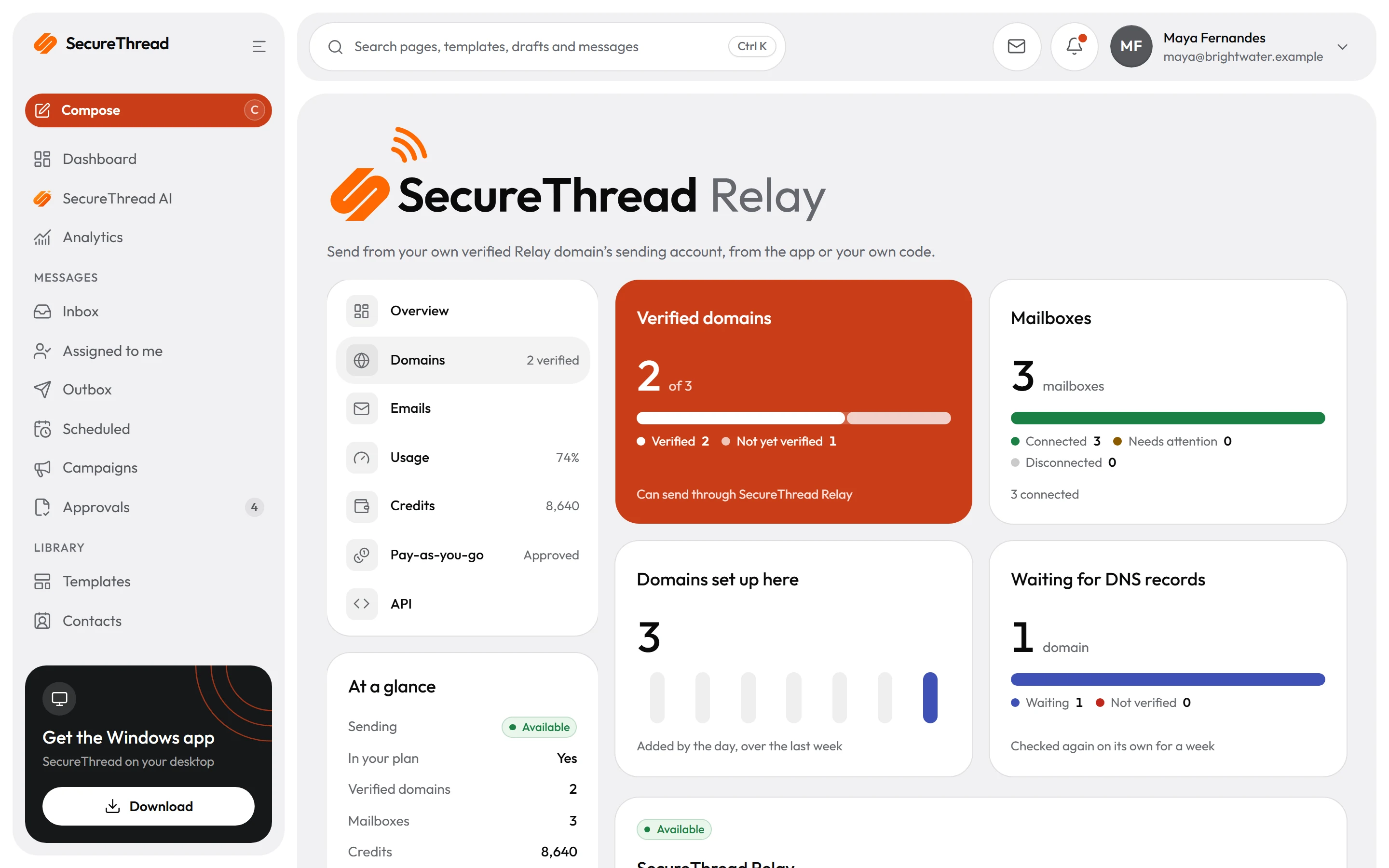 SecureThread Relay domains: verified sending domains, the three DKIM records to publish for one still waiting, and its mailboxes