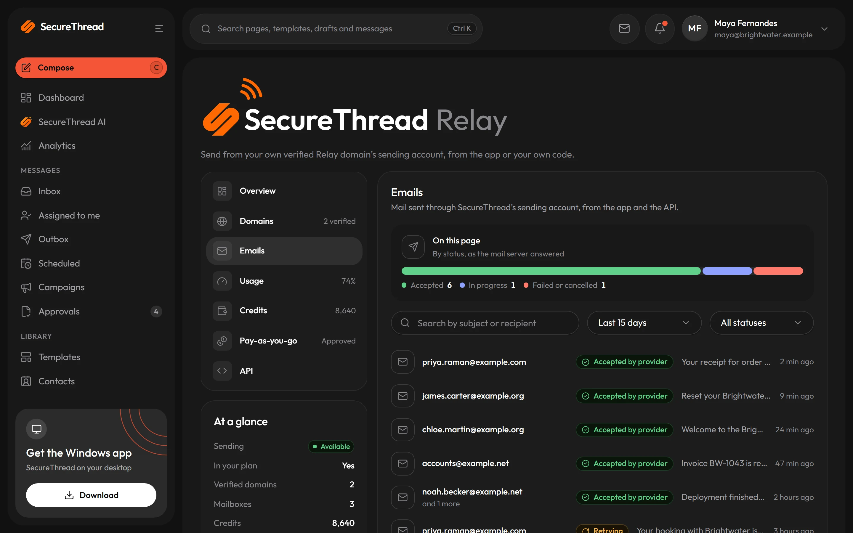 SecureThread Relay emails: every message sent through Relay from the app or an API key, with its status