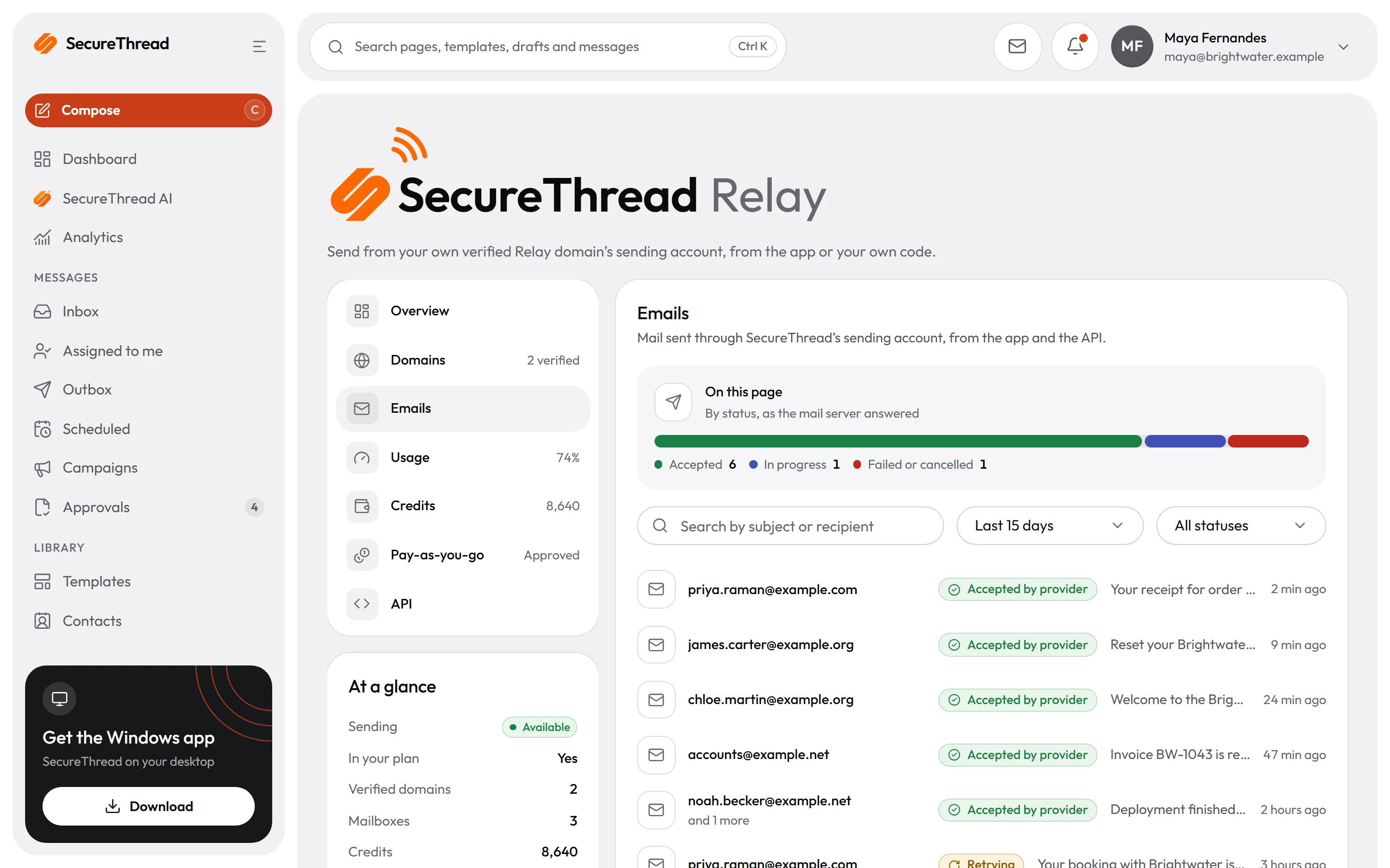 SecureThread Relay emails: every message sent through Relay from the app or an API key, with its status