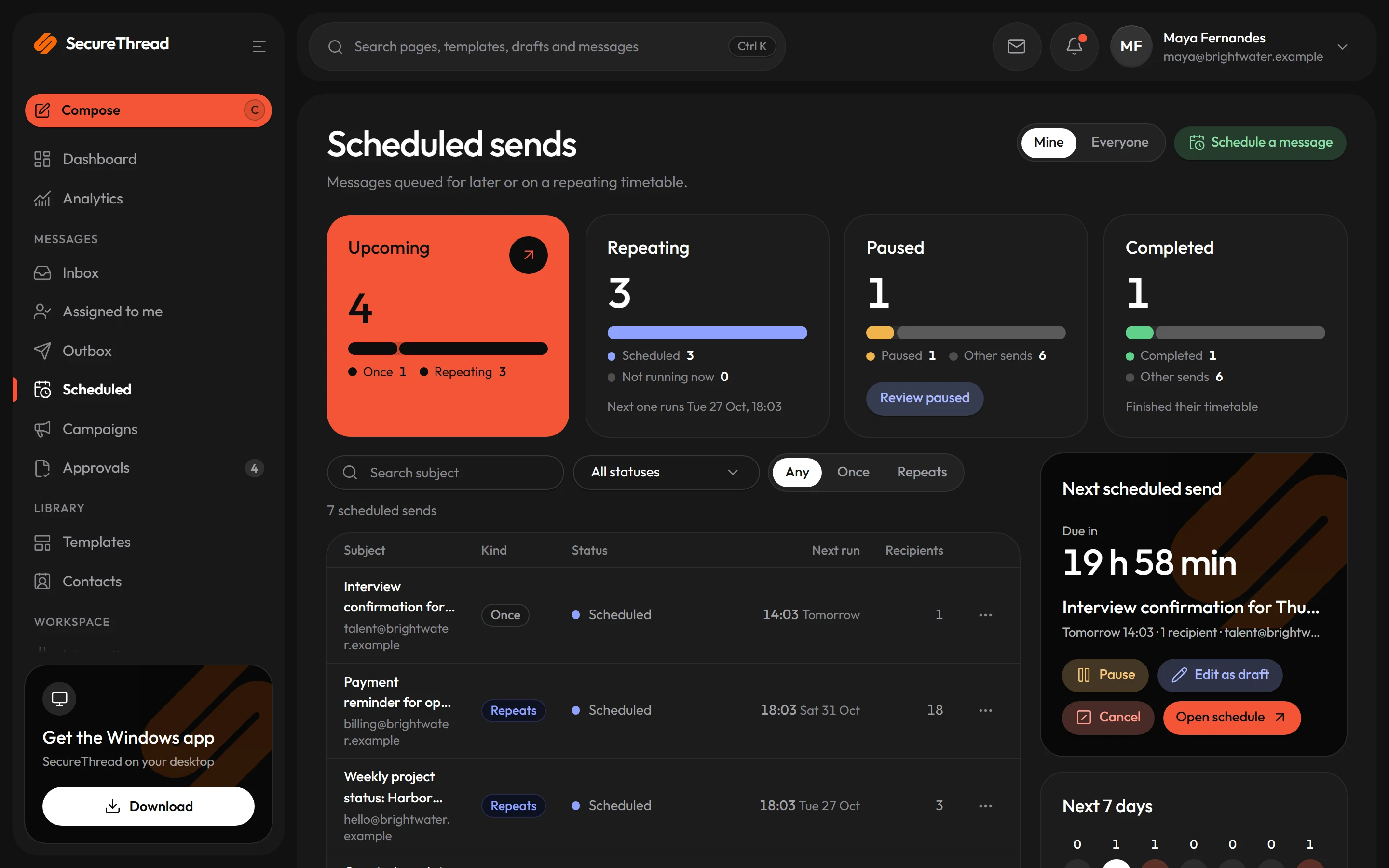 Schedules: one-off and repeating sends, each in its own time zone