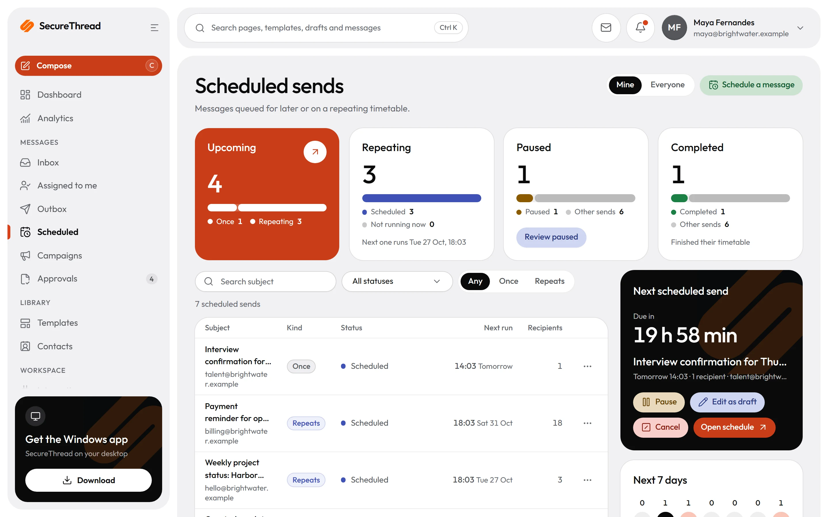 Schedules: one-off and repeating sends, each in its own time zone