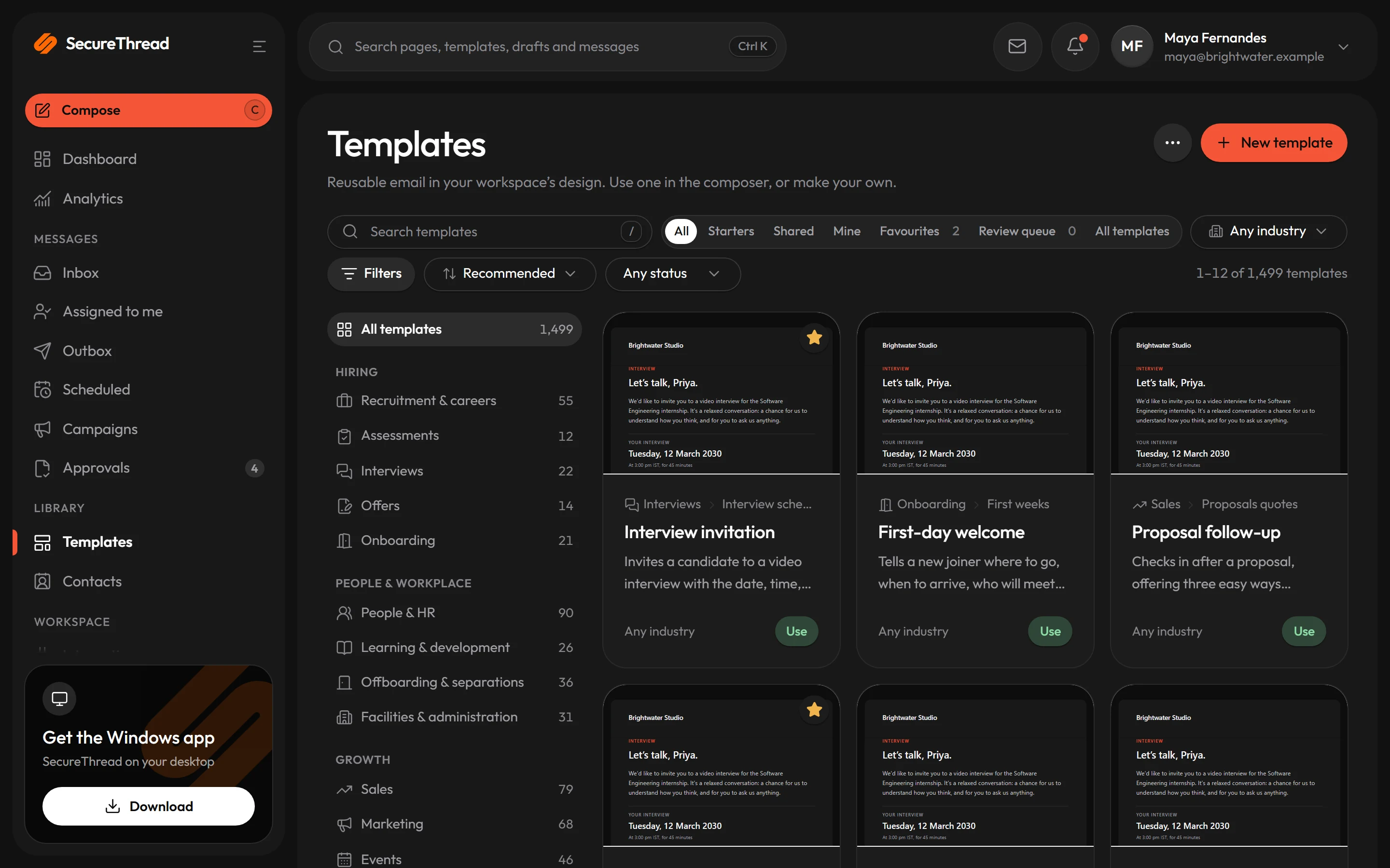 The template library: starter templates grouped by category on the ArcByte email design system