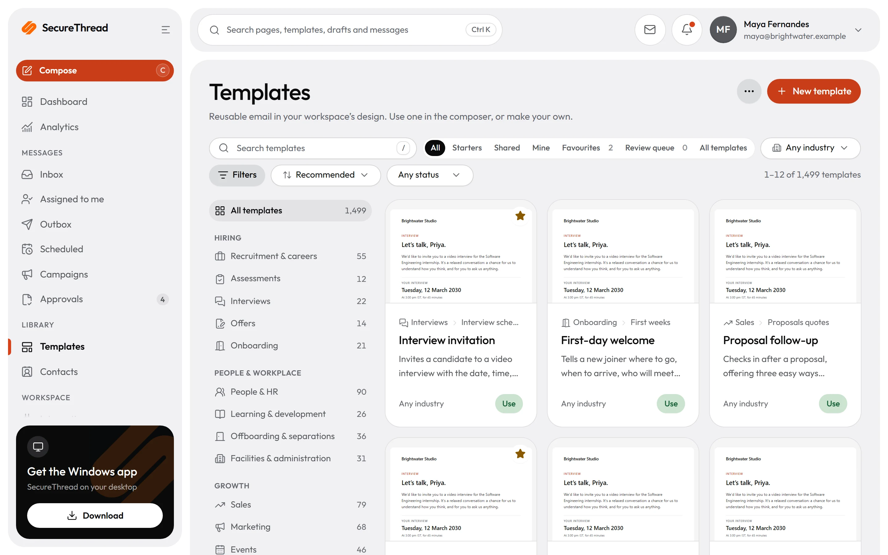 The template library: starter templates grouped by category on the ArcByte email design system