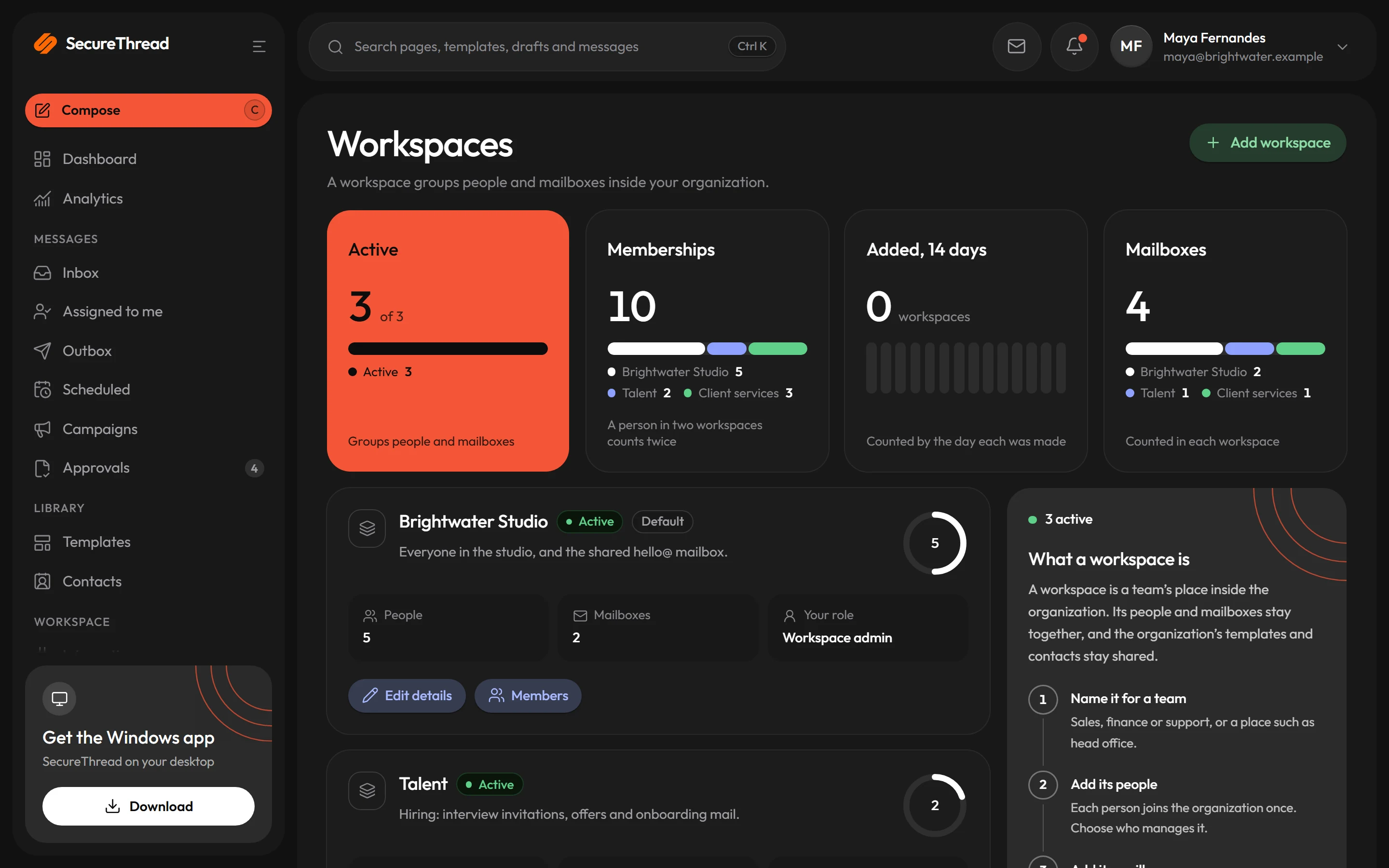 Workspaces: the teams inside an organization, each with its members, mailboxes and the person’s role