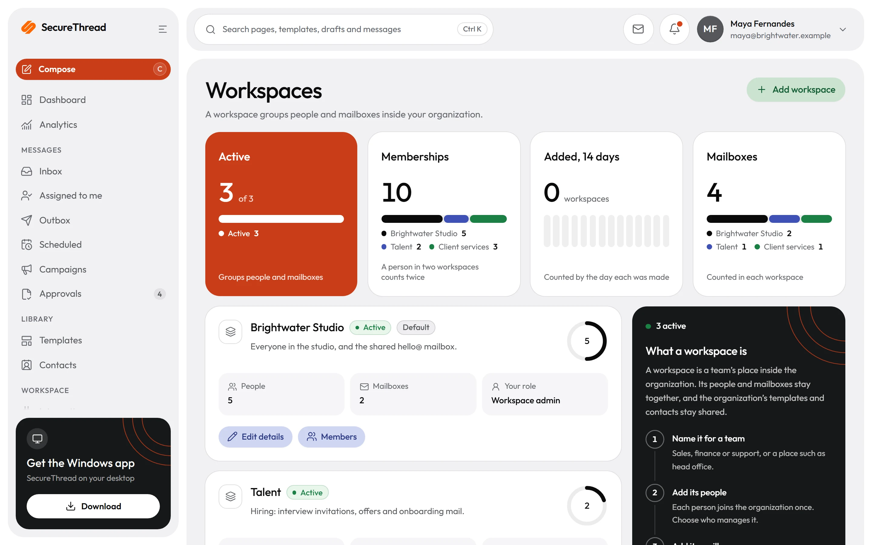Workspaces: the teams inside an organization, each with its members, mailboxes and the person’s role