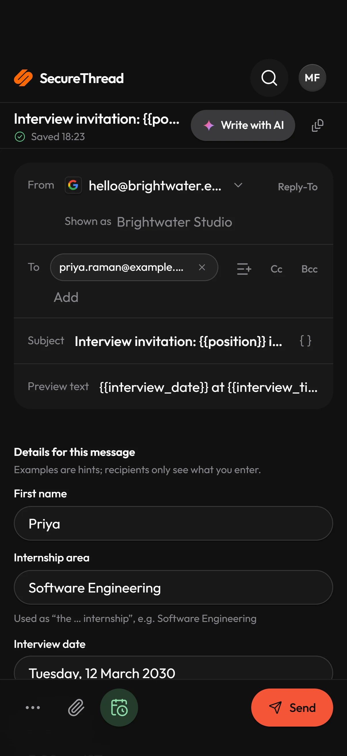 On a phone: the composer: a message being written from a template, with a live desktop and phone preview