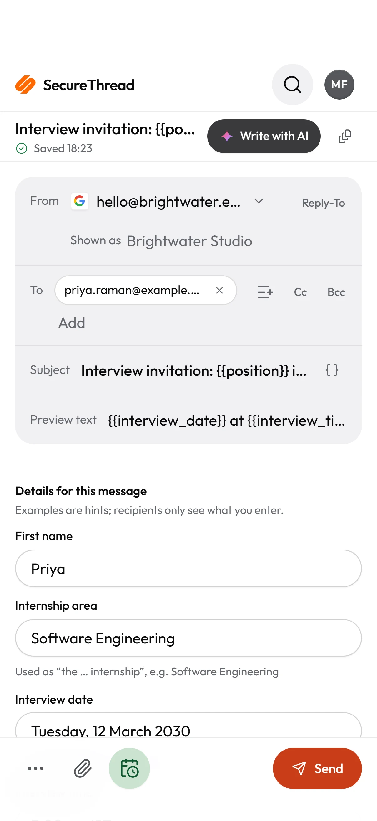 On a phone: the composer: a message being written from a template, with a live desktop and phone preview