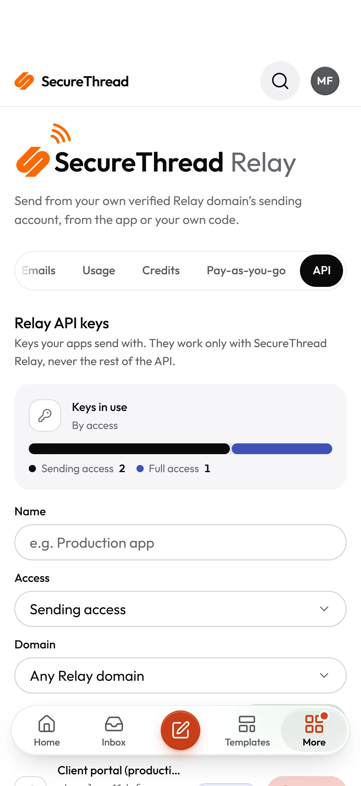 On a phone: secureThread Relay API: Relay API keys by access and domain, and the endpoint on relay.securethread.co