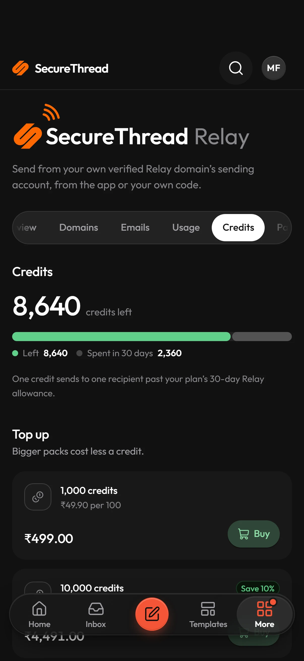 On a phone: secureThread Relay credits: the balance, the four credit packs with their savings, and Buy