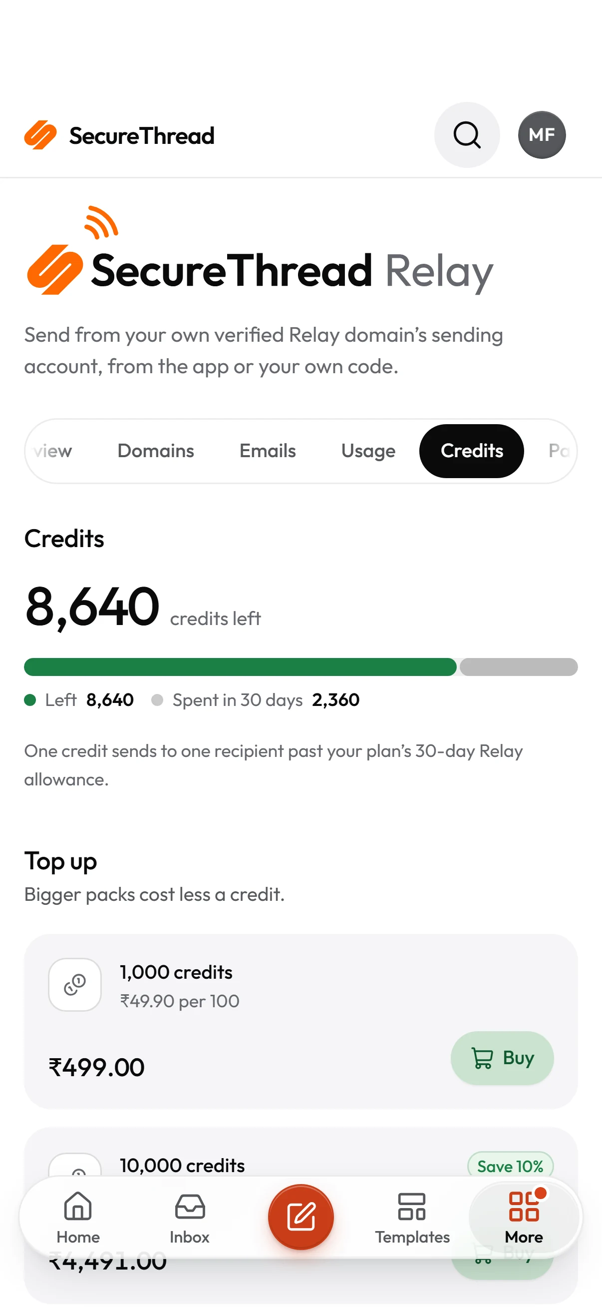 On a phone: secureThread Relay credits: the balance, the four credit packs with their savings, and Buy