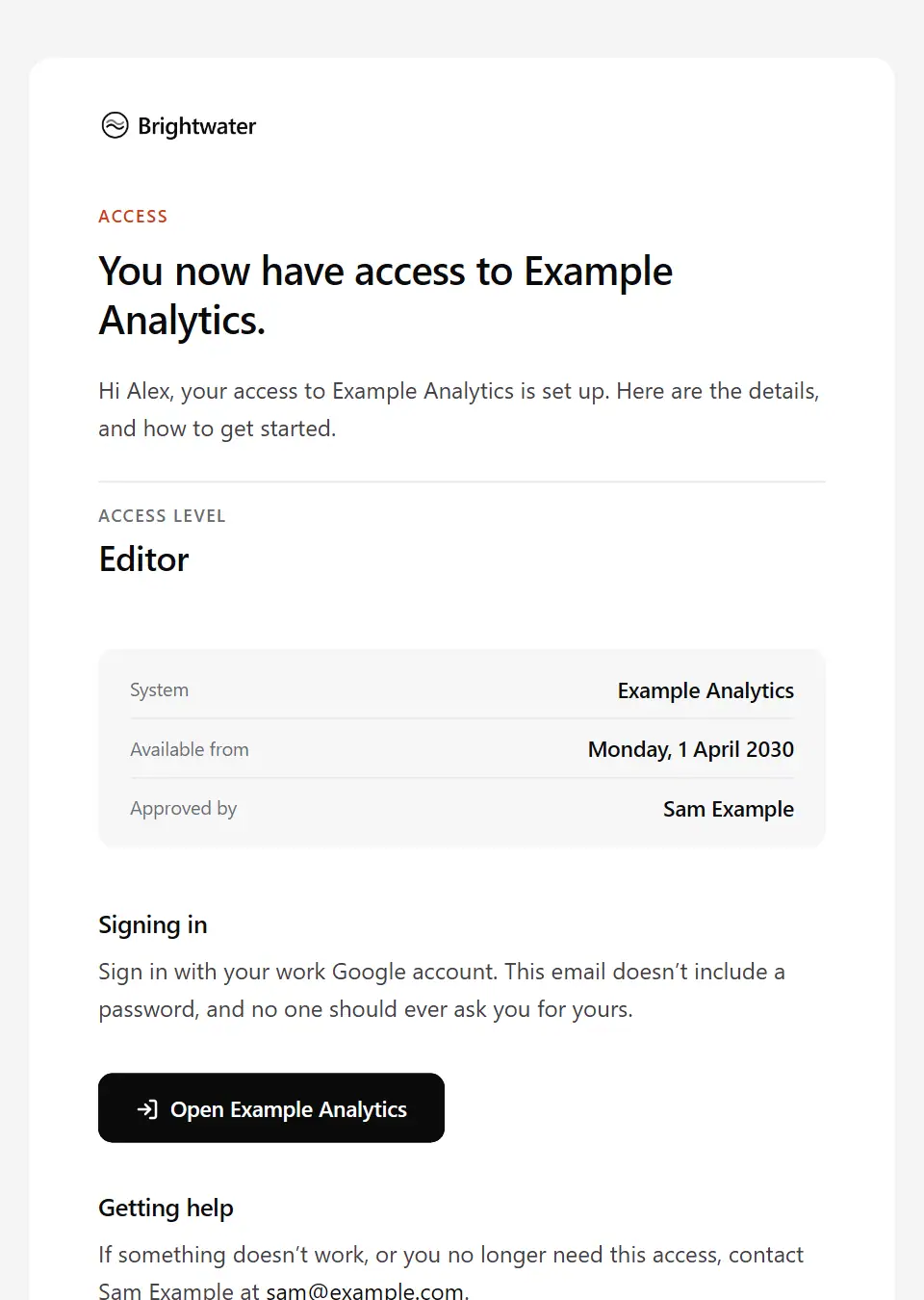 The Access granted template, as a recipient sees it