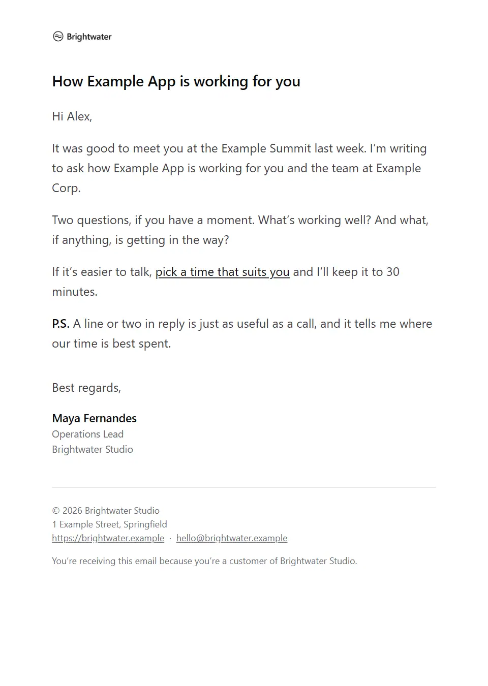 The Account check-in template, as a recipient sees it