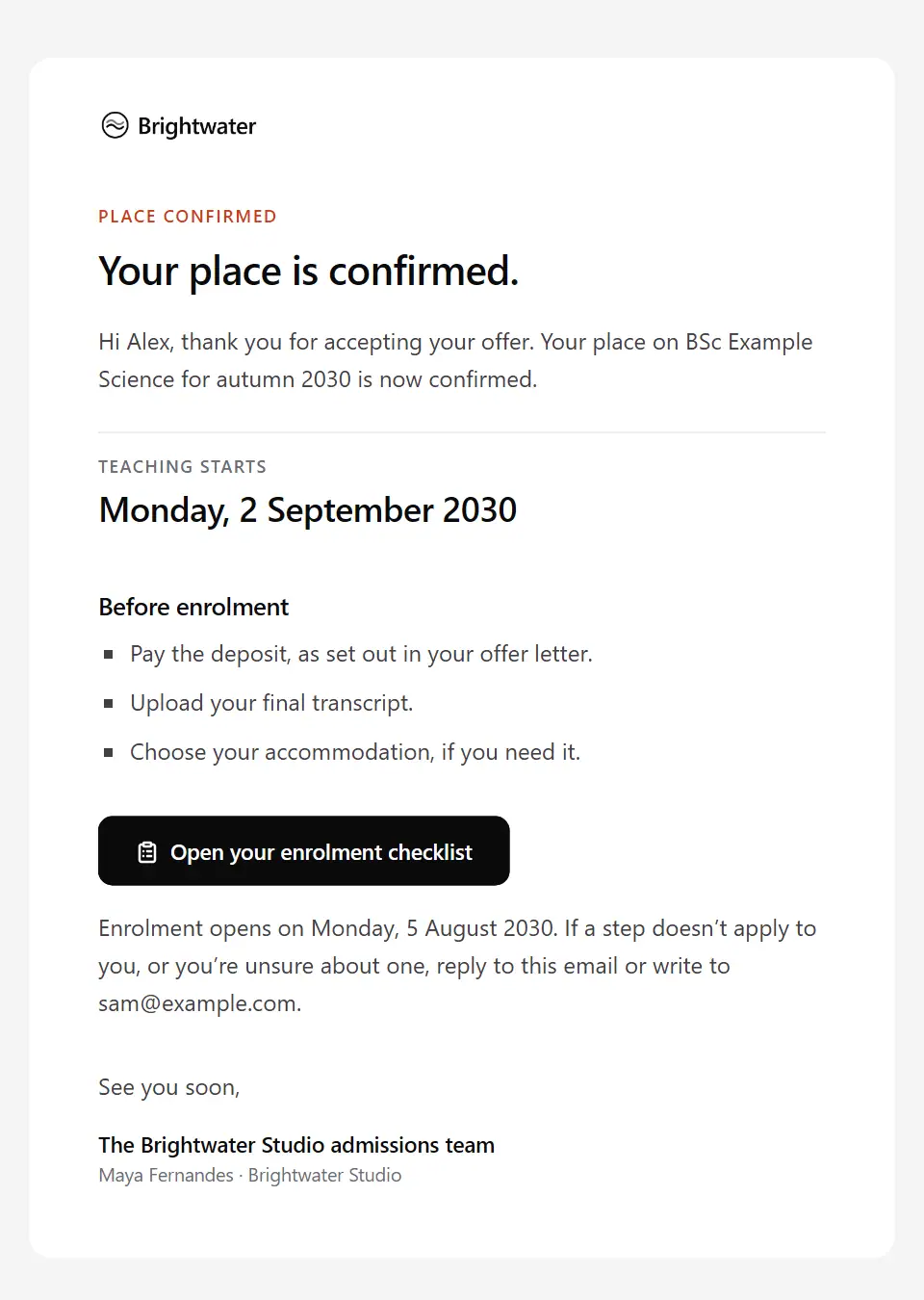 The Admission place confirmed template, as a recipient sees it