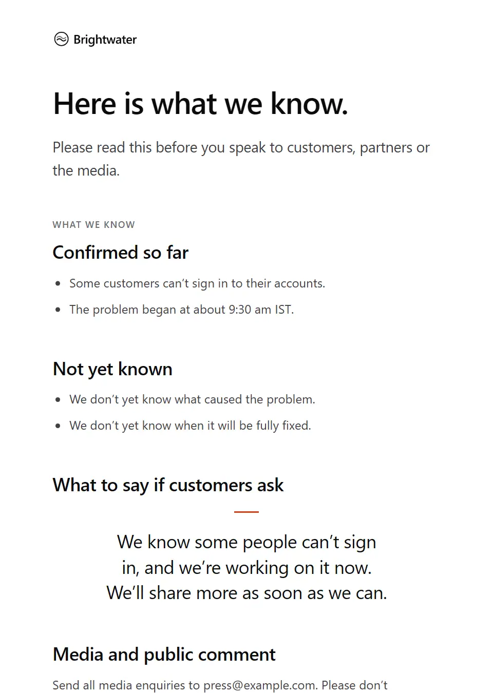 The All-staff crisis briefing template, as a recipient sees it