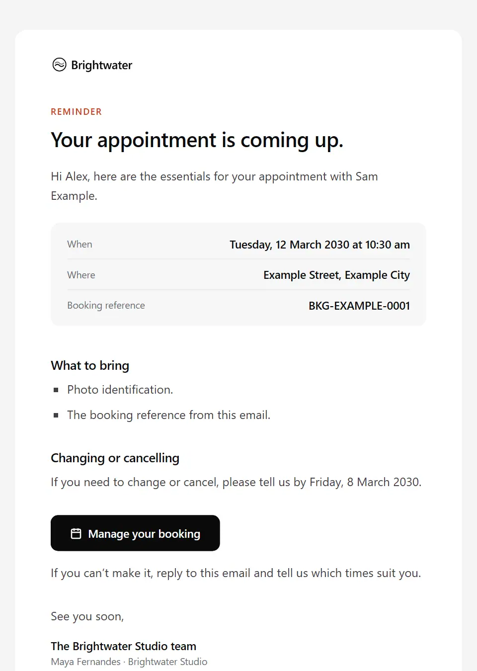 The Appointment reminder template, as a recipient sees it