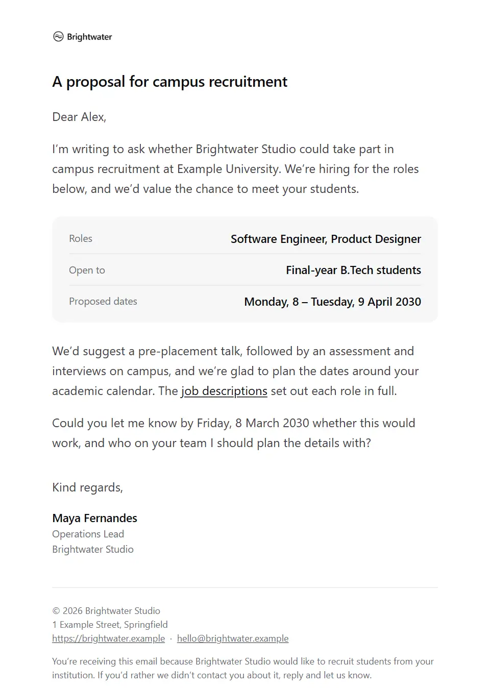 The Campus recruitment invitation template, as a recipient sees it