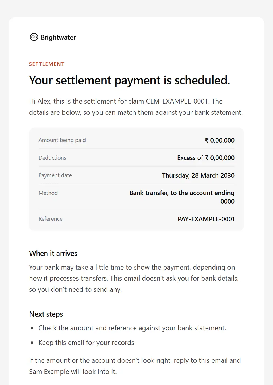 The Claim settlement payment notice template, as a recipient sees it