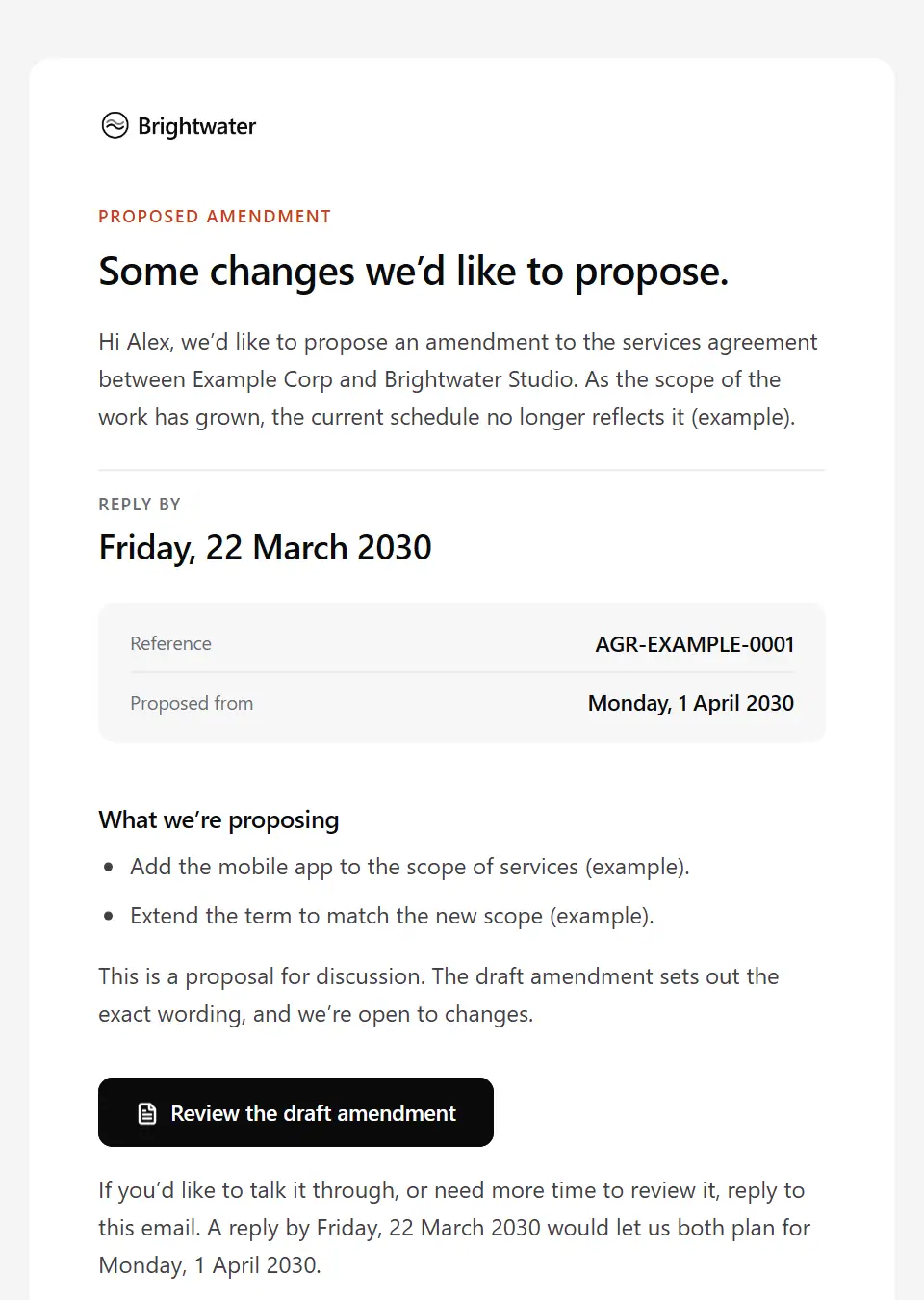 The Contract amendment proposal template, as a recipient sees it