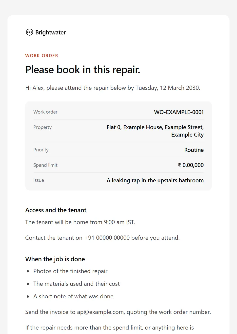 The Contractor work order template, as a recipient sees it