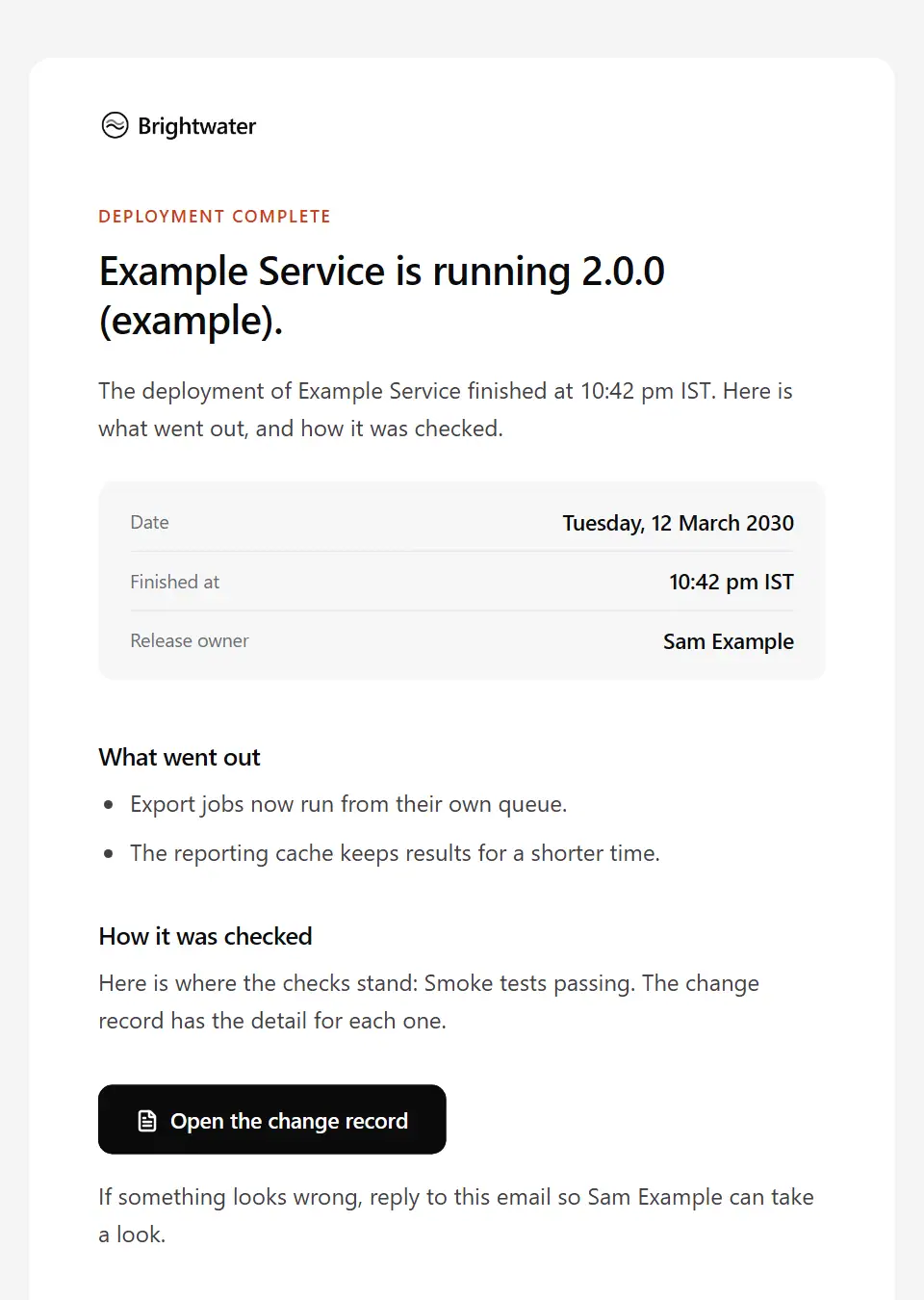 The Deployment completed template, as a recipient sees it