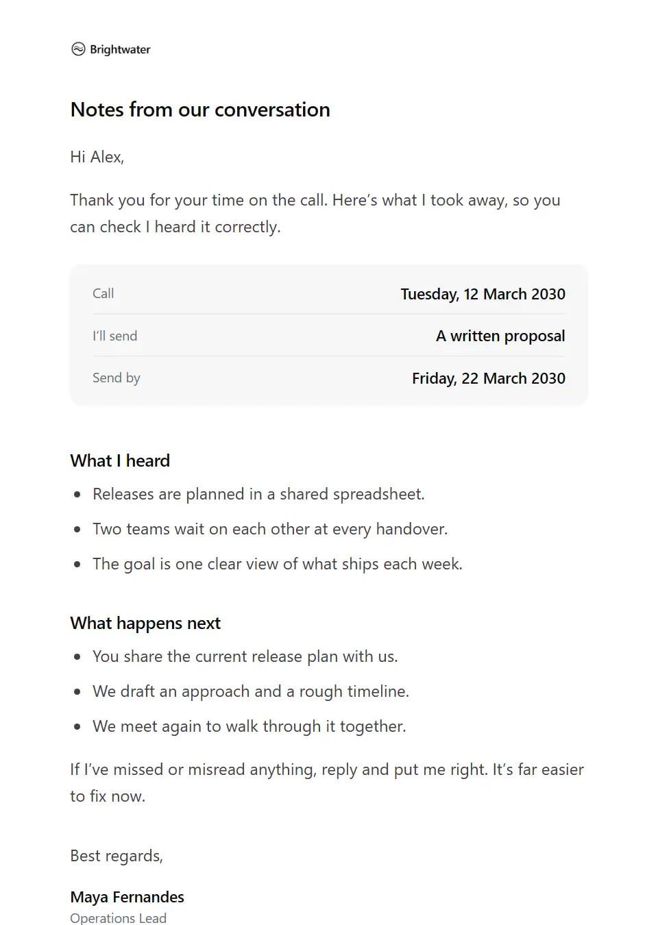 The Discovery call recap template, as a recipient sees it