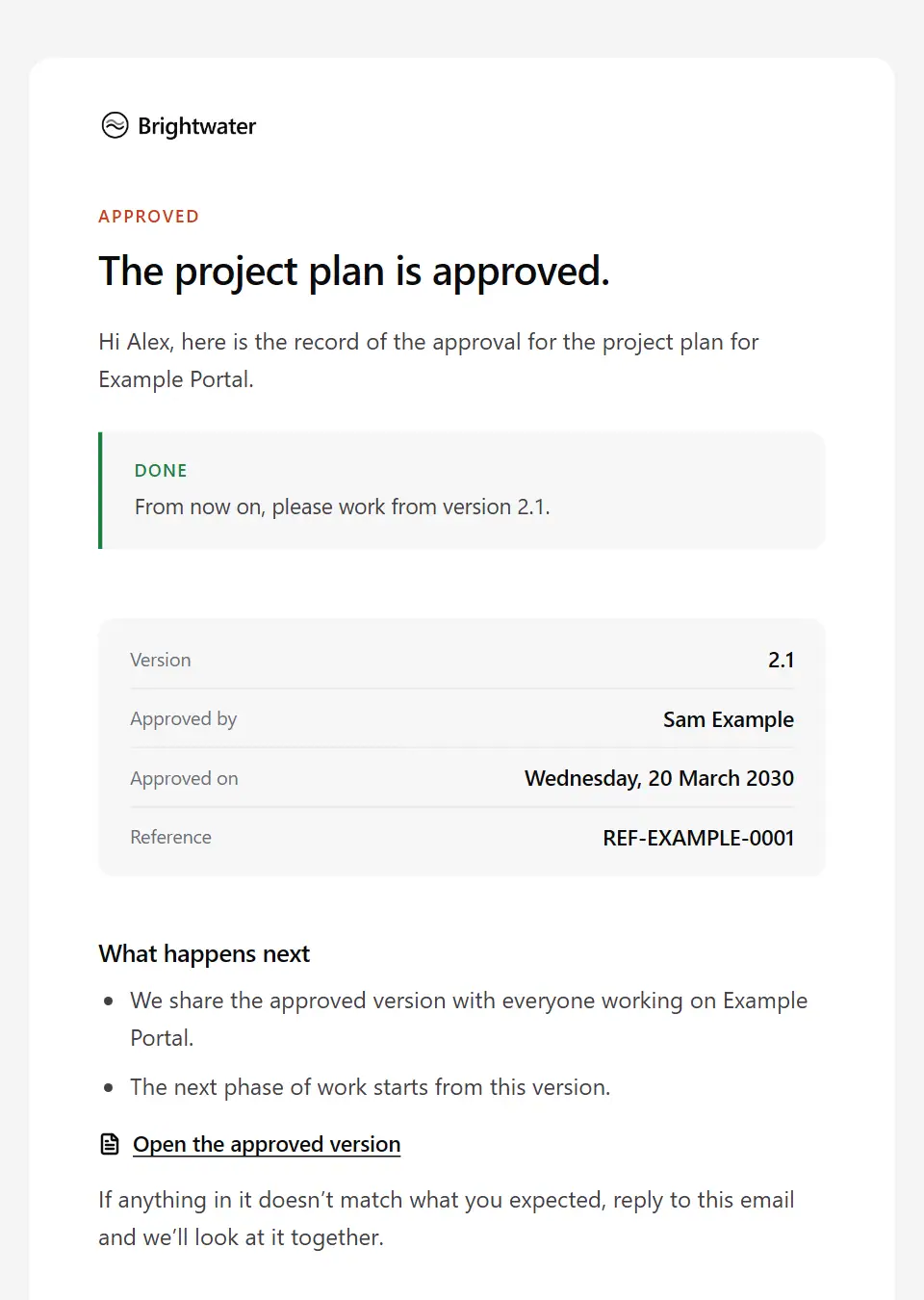 The Document approved template, as a recipient sees it