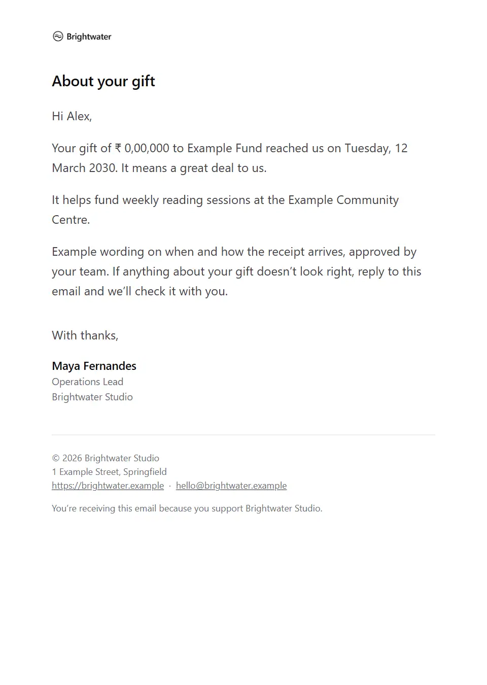 The Donation thank-you template, as a recipient sees it
