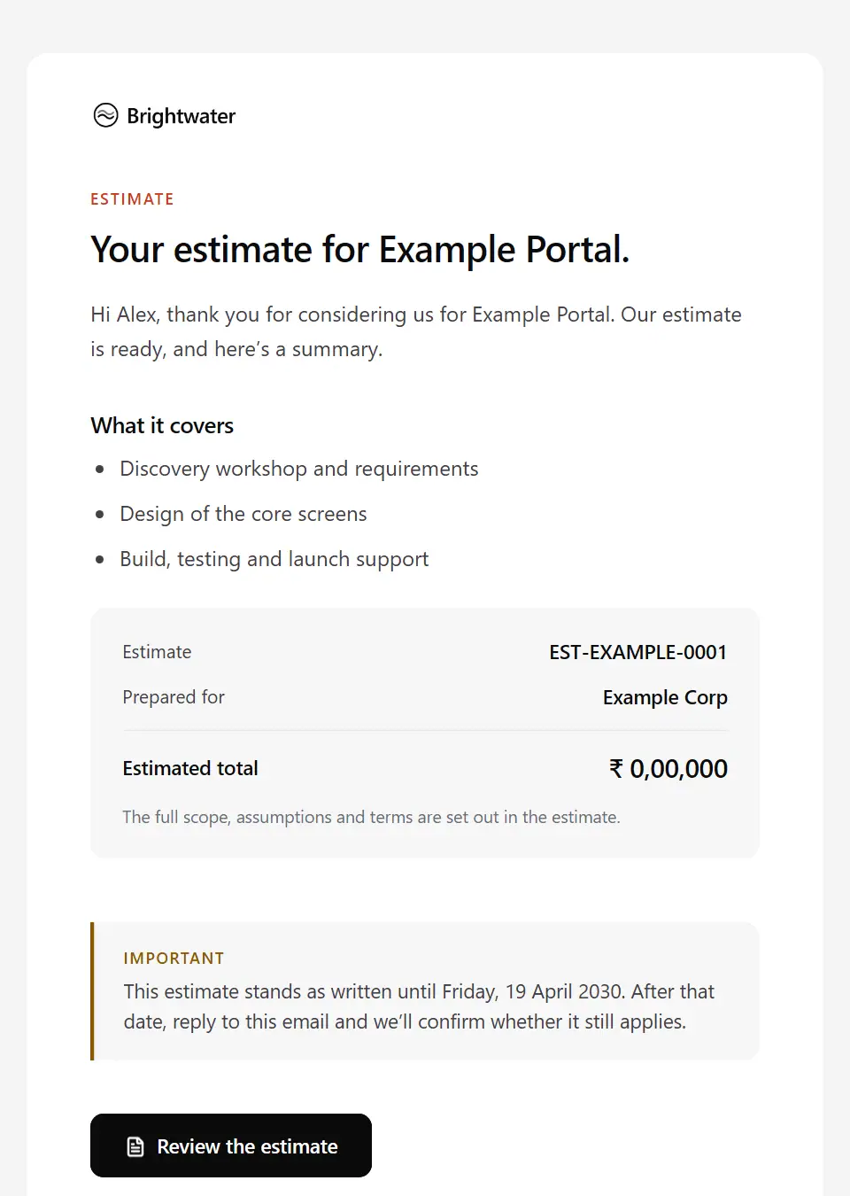 The Estimate sent template, as a recipient sees it