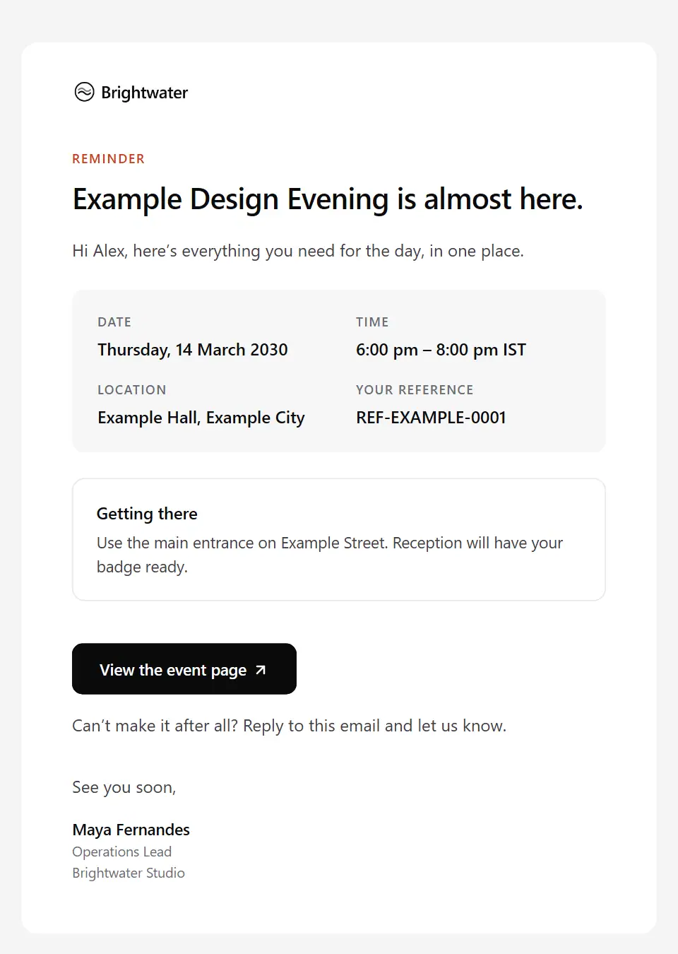 The Event reminder template, as a recipient sees it