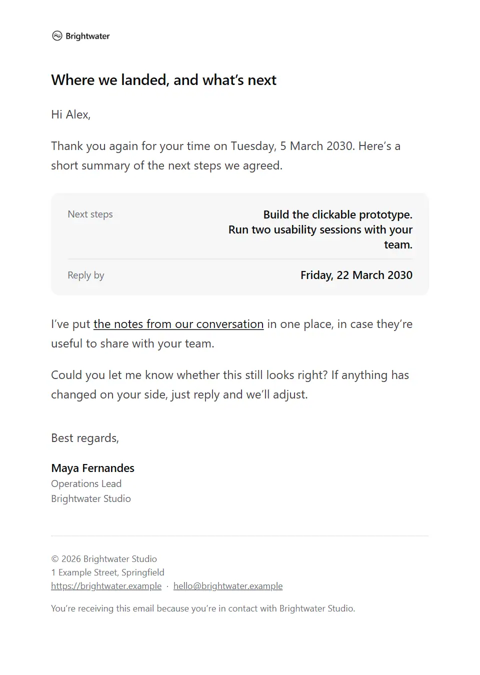The Follow-up after a meeting template, as a recipient sees it