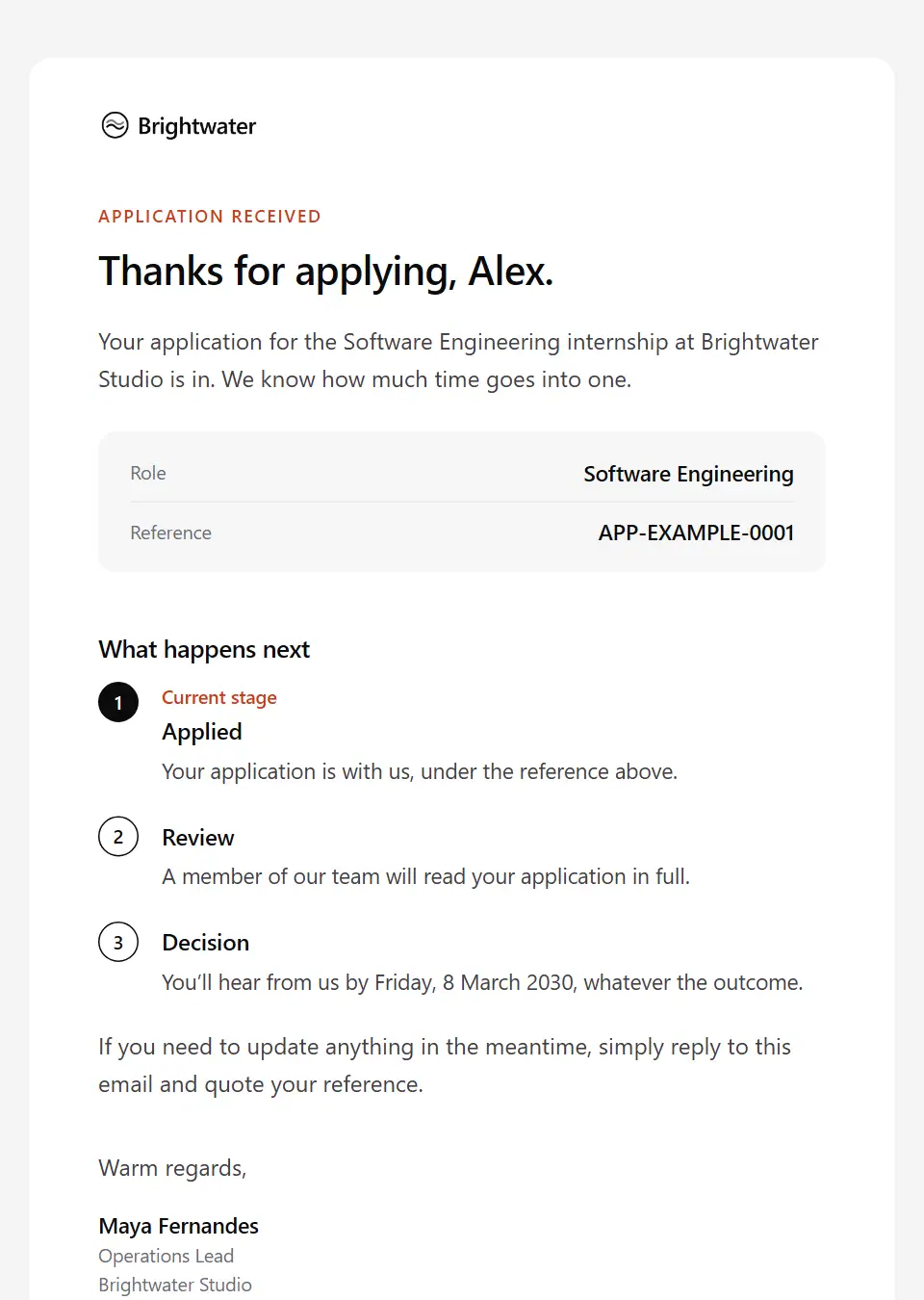 The Internship application received template, as a recipient sees it