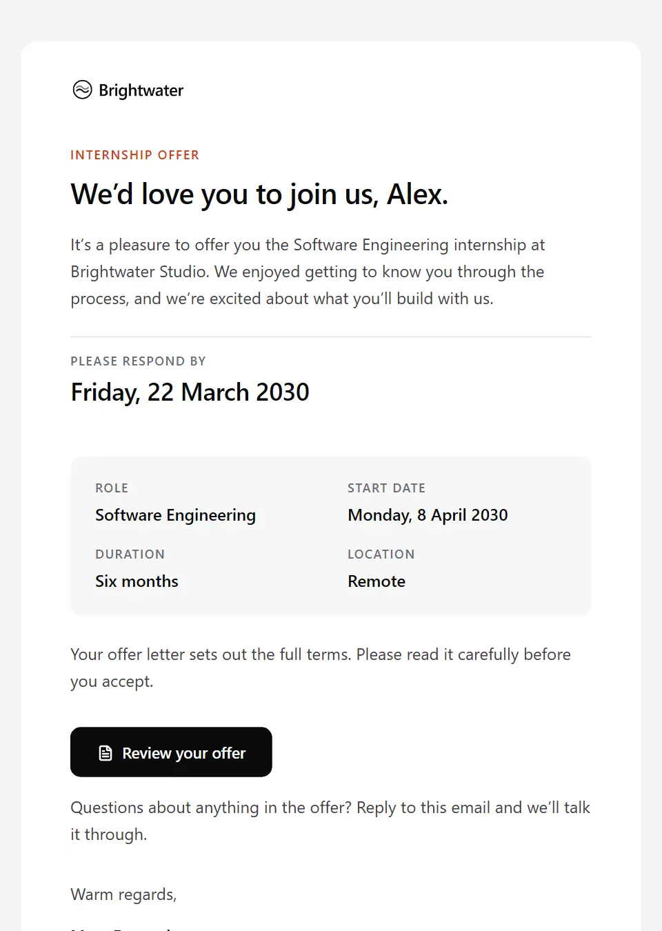 The Internship offer template, as a recipient sees it