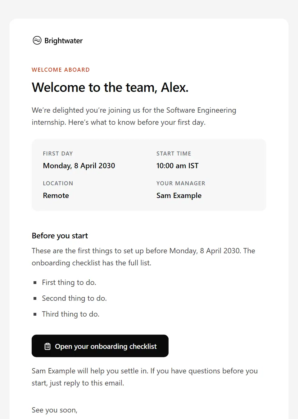 The Internship onboarding template, as a recipient sees it