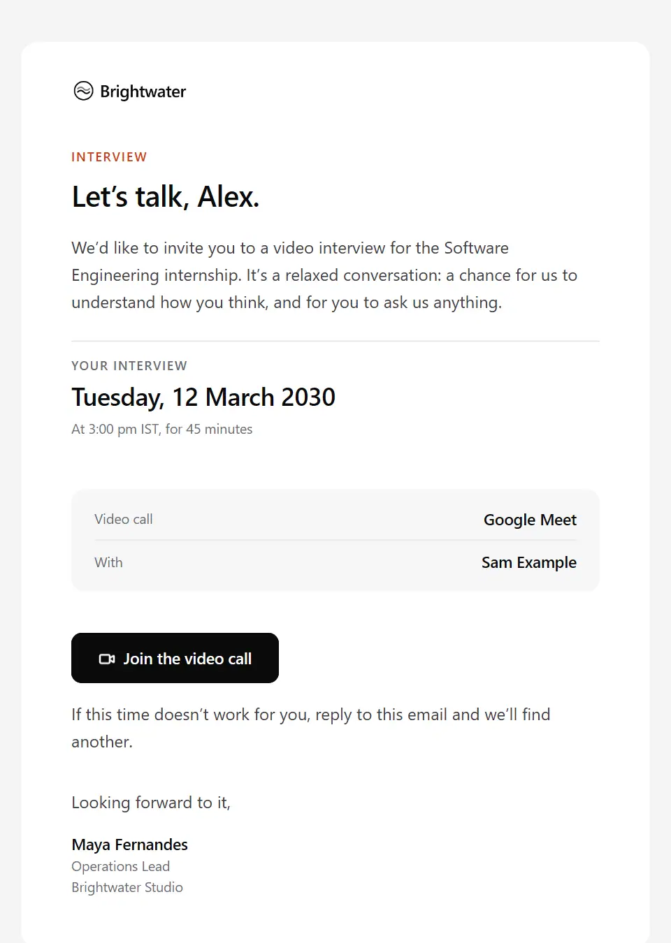 The Interview invitation template, as a recipient sees it