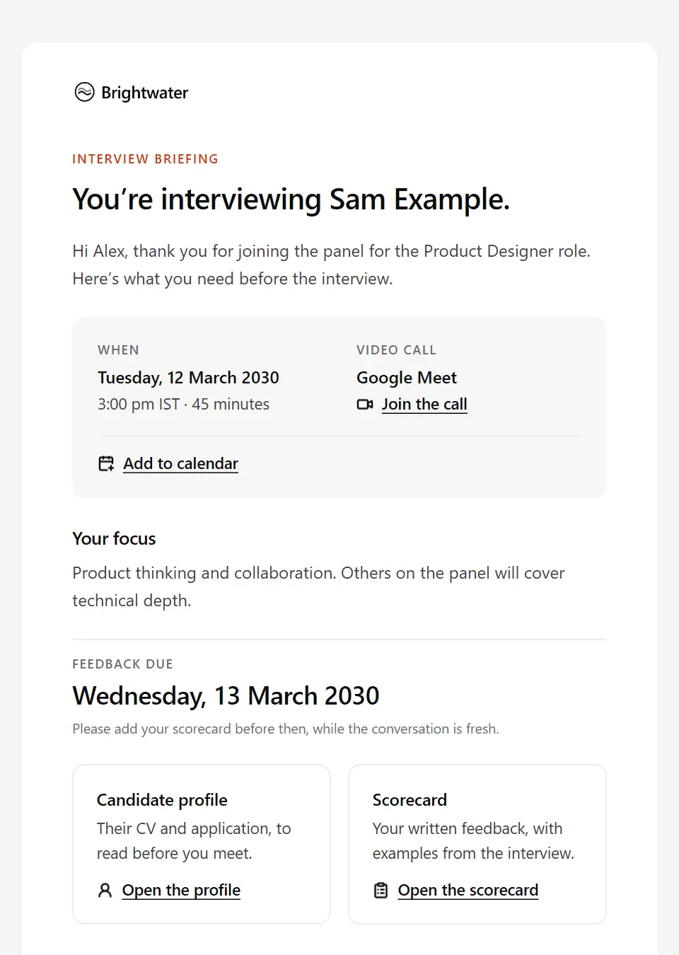 The Interviewer briefing template, as a recipient sees it