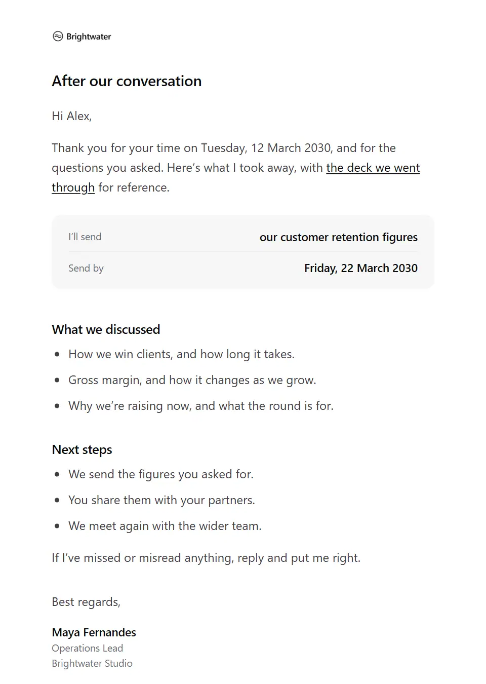 The Investor meeting recap template, as a recipient sees it