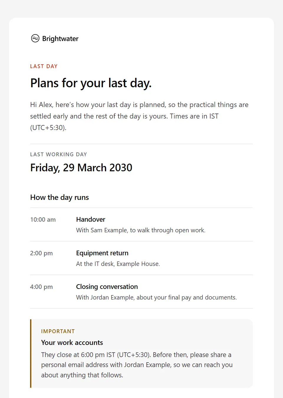 The Last day logistics template, as a recipient sees it