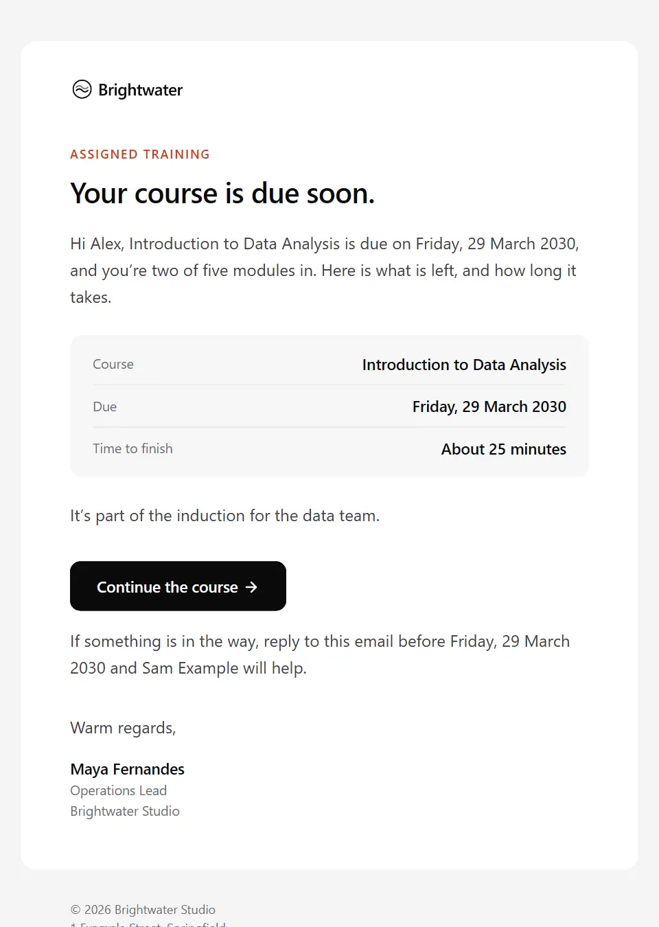 The Training due date reminder template, as a recipient sees it