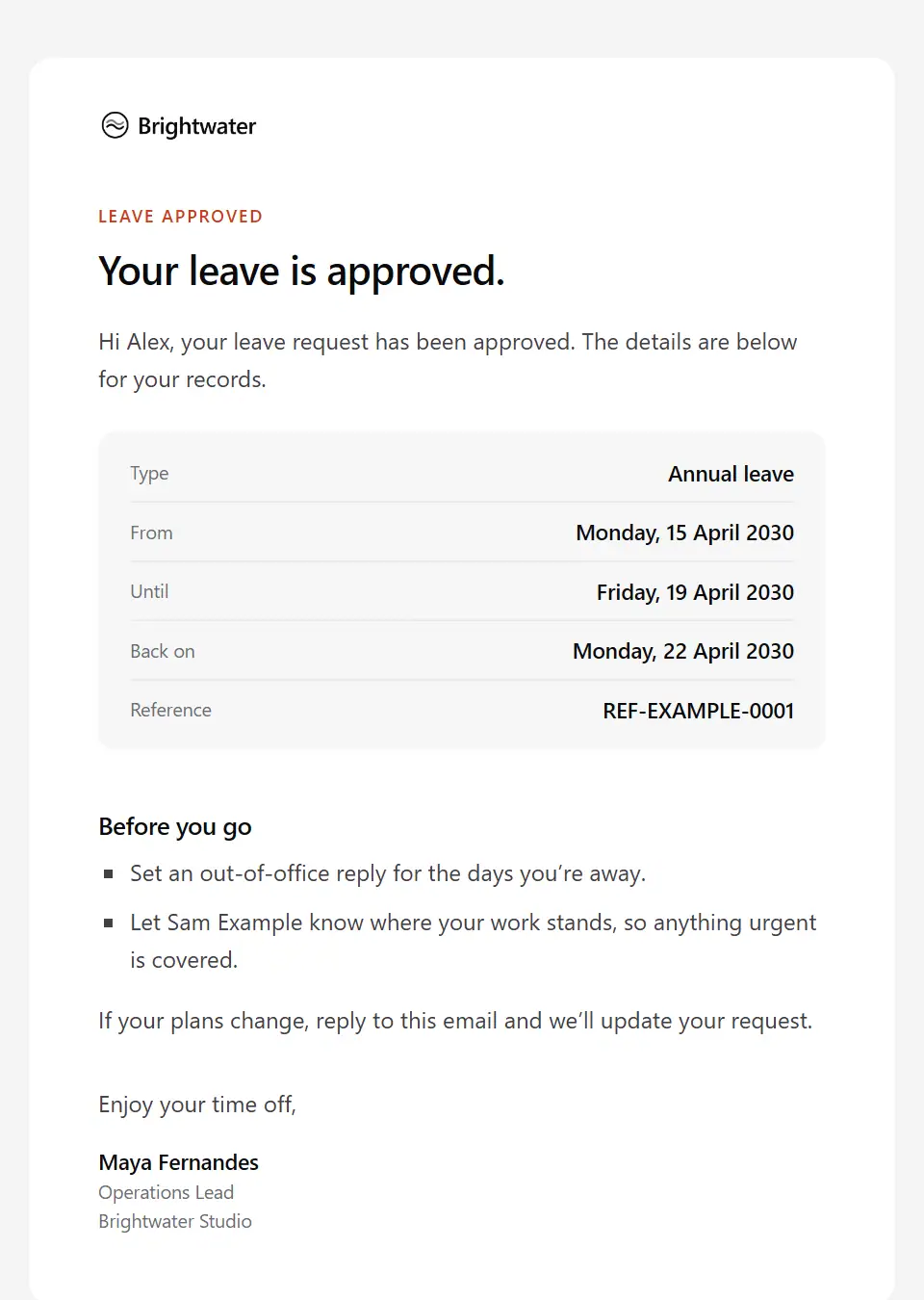 The Leave request approved template, as a recipient sees it