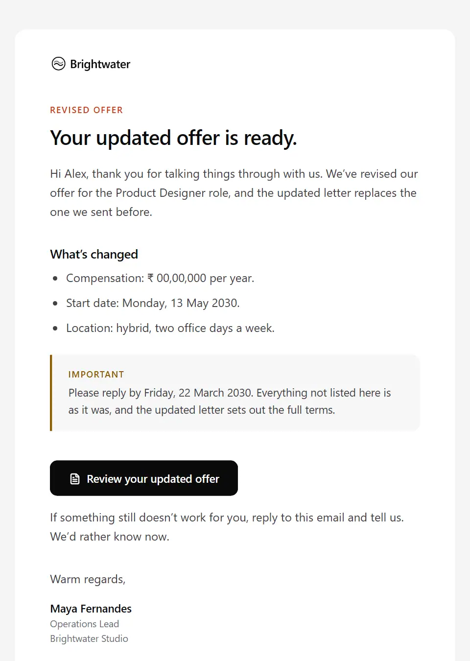 The Revised offer template, as a recipient sees it