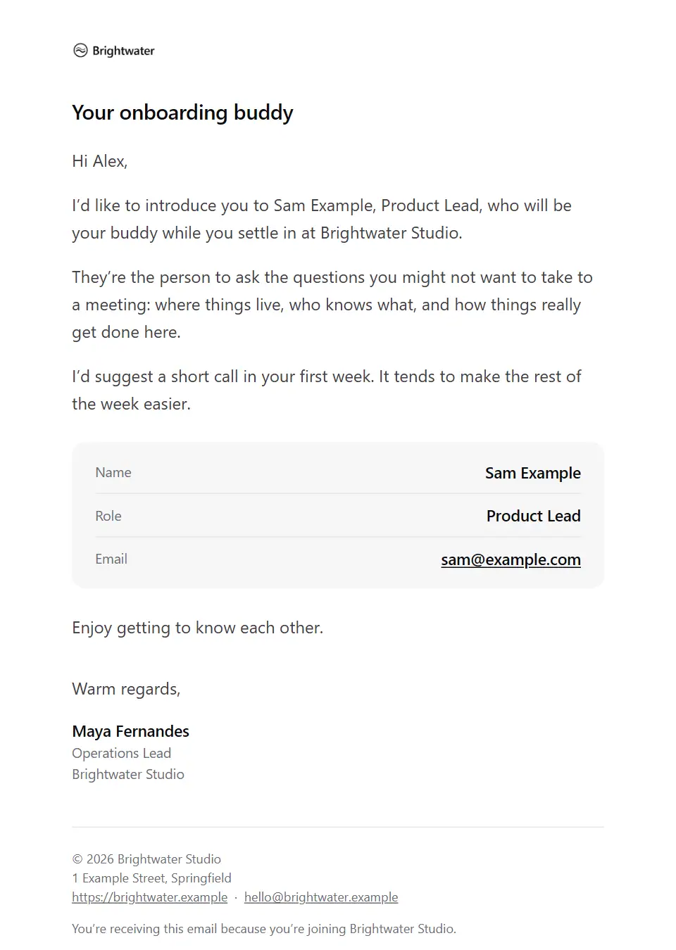 The Onboarding buddy introduction template, as a recipient sees it